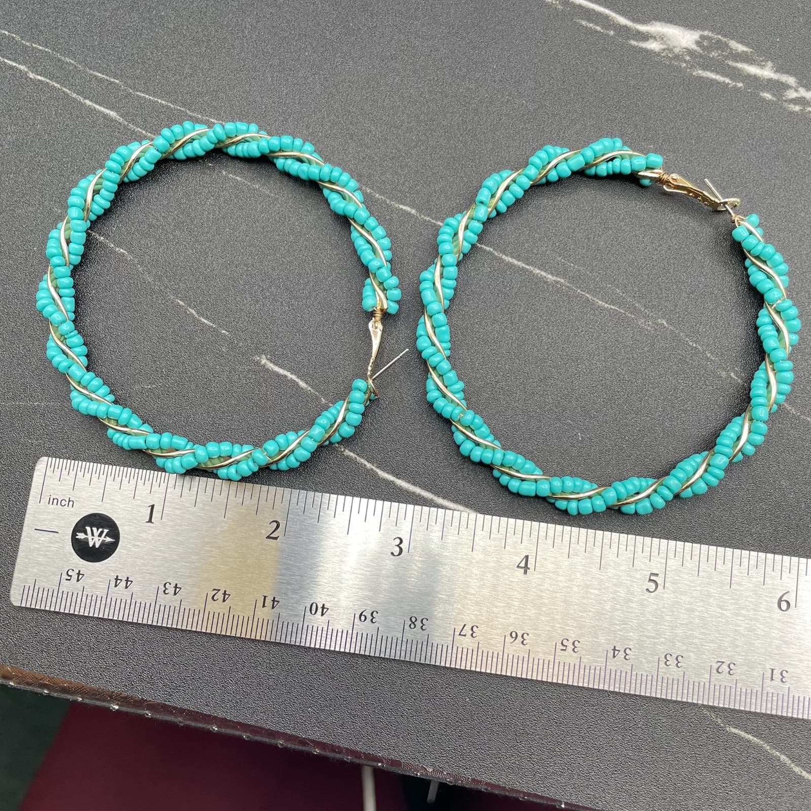 Bohemian Gold-Tone Helical Wrap Wire Turquoise Seed Bead Hoop Latch Earrings - Thumbnail 6