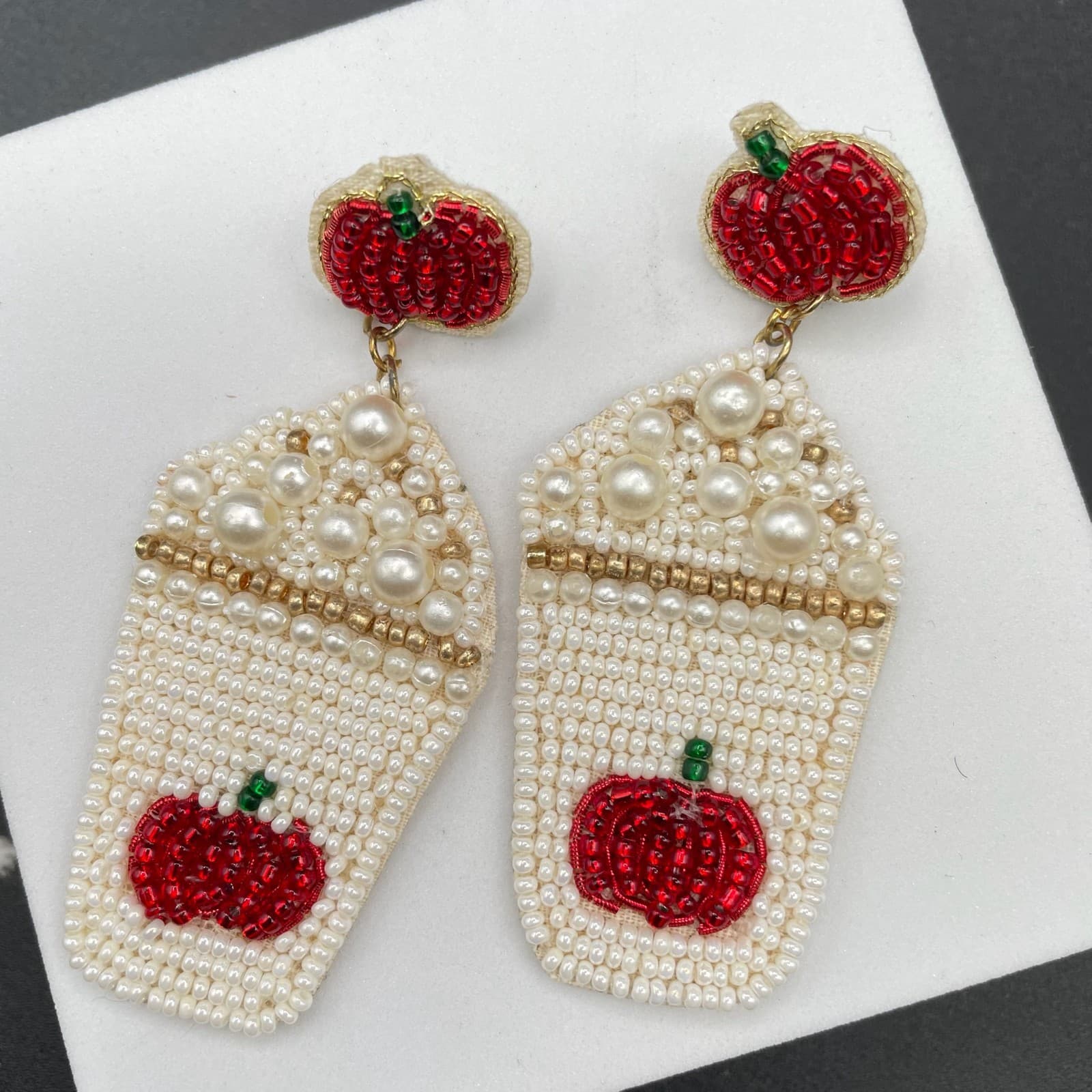 Contemporary White Classic Fashion Pumpkin Spice Latte Beaded Dangle Earrings - Thumbnail 5