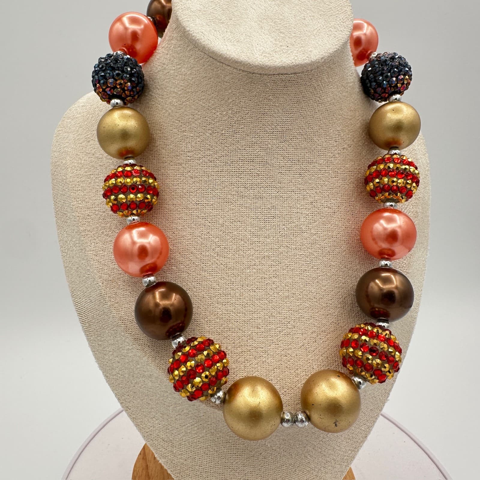 Chunky Beaded Statement Necklace Gold Brown Coral Rhinestone Retro - Thumbnail 2