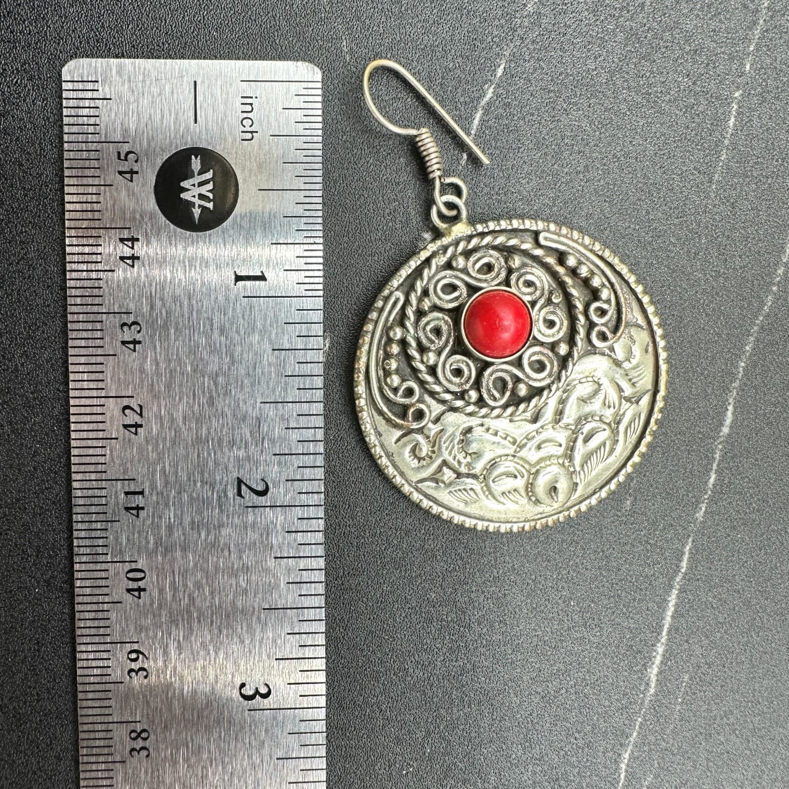 VTG Tibetan Ethnic Dangle Earrings Silver Tone Metal Red Stone Filigree Round - Thumbnail 10