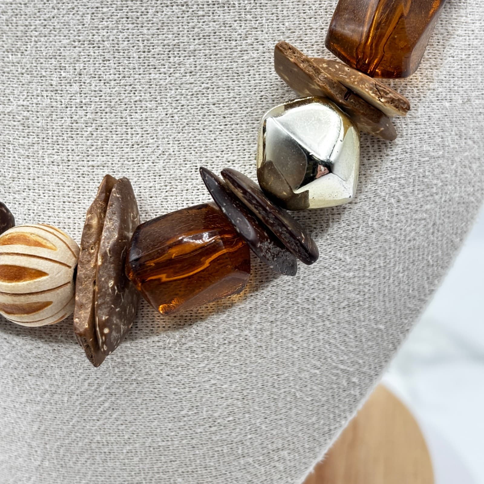 Vintage Chunky Wood Beaded Necklace Brown Amber Tribal Boho Statement - Thumbnail 5