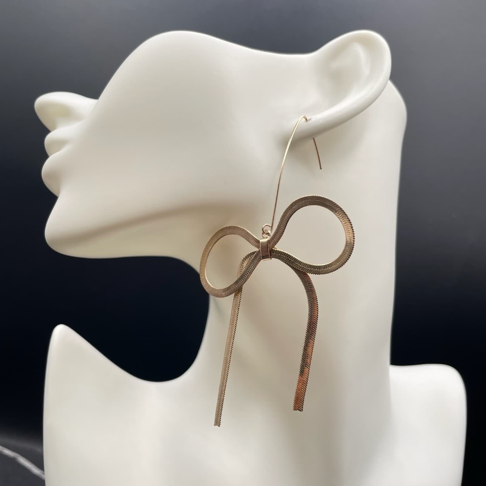 Classic Gold-Tone Fashion Herringbone Snake Chain Bow Drop French Hook Earrings - Thumbnail 9