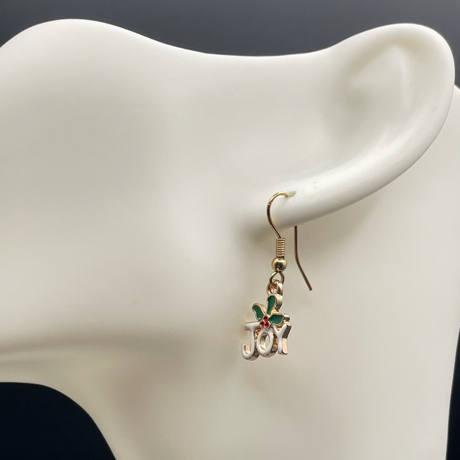 Contemporary Gold-Tone Christmas "Joy" Holly Dangle Drop French Hook Earrings - Thumbnail 8