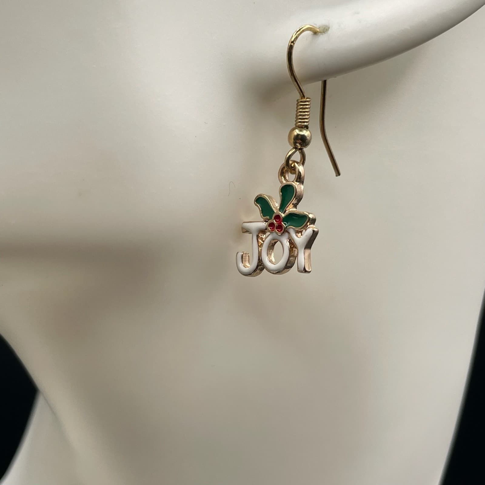 Contemporary Gold-Tone Christmas "Joy" Holly Dangle Drop French Hook Earrings - Image 1