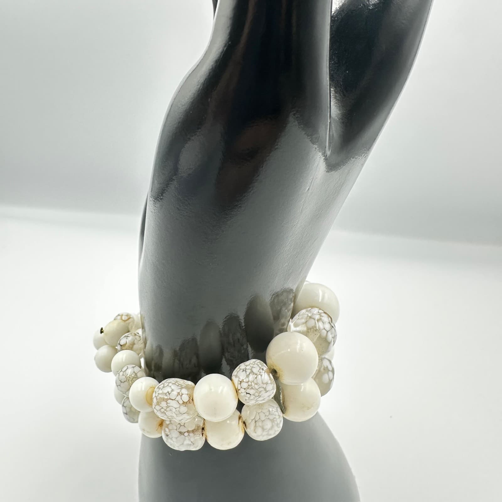 White Beaded Stretch Bracelet Set w/ Mosaic Accent Beads Y2K Chic - Thumbnail 5