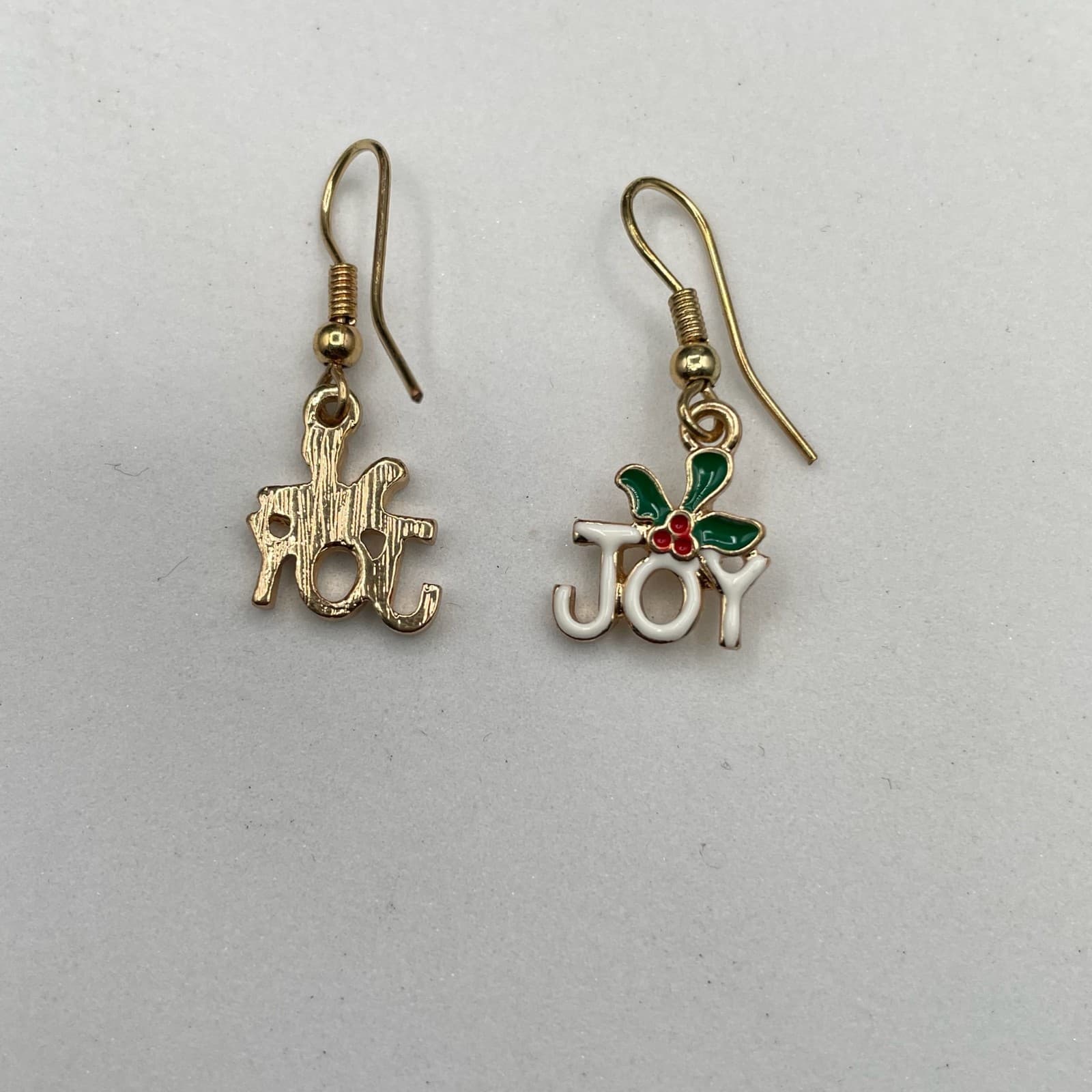 Contemporary Gold-Tone Christmas "Joy" Holly Dangle Drop French Hook Earrings - Thumbnail 2