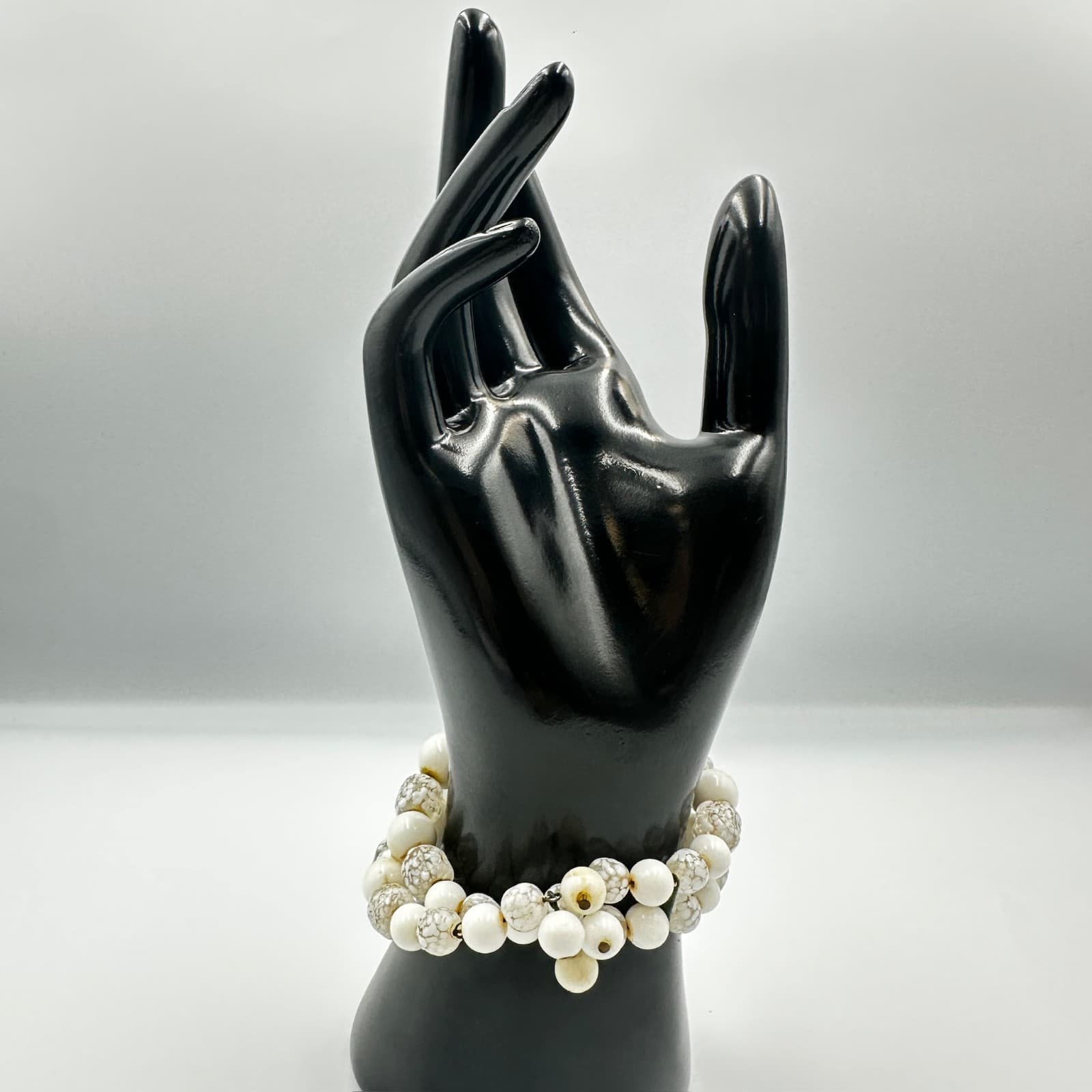 White Beaded Stretch Bracelet Set w/ Mosaic Accent Beads Y2K Chic - Thumbnail 4