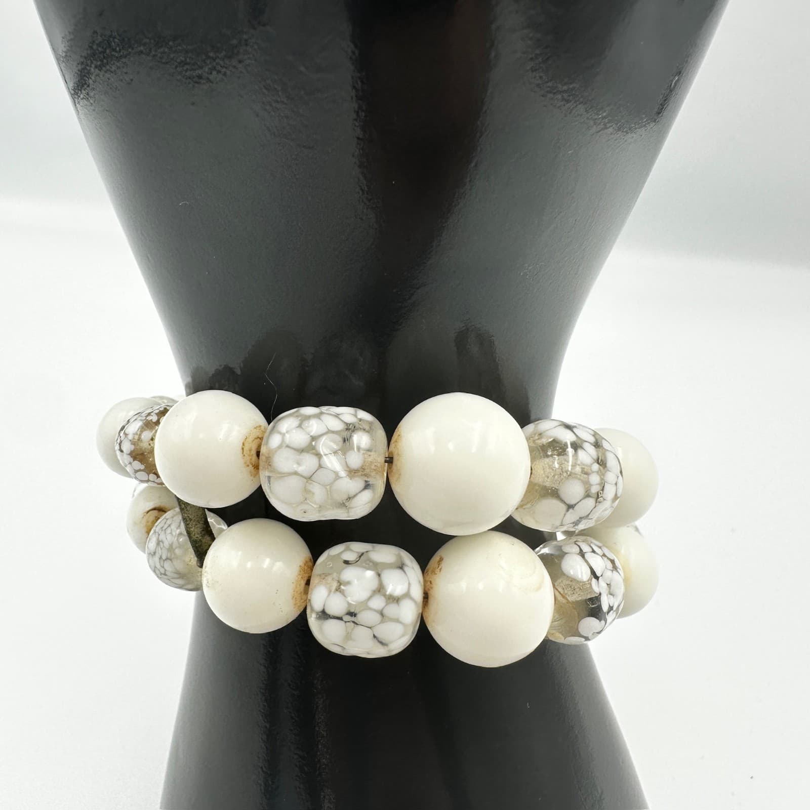 White Beaded Stretch Bracelet Set w/ Mosaic Accent Beads Y2K Chic - Thumbnail 2