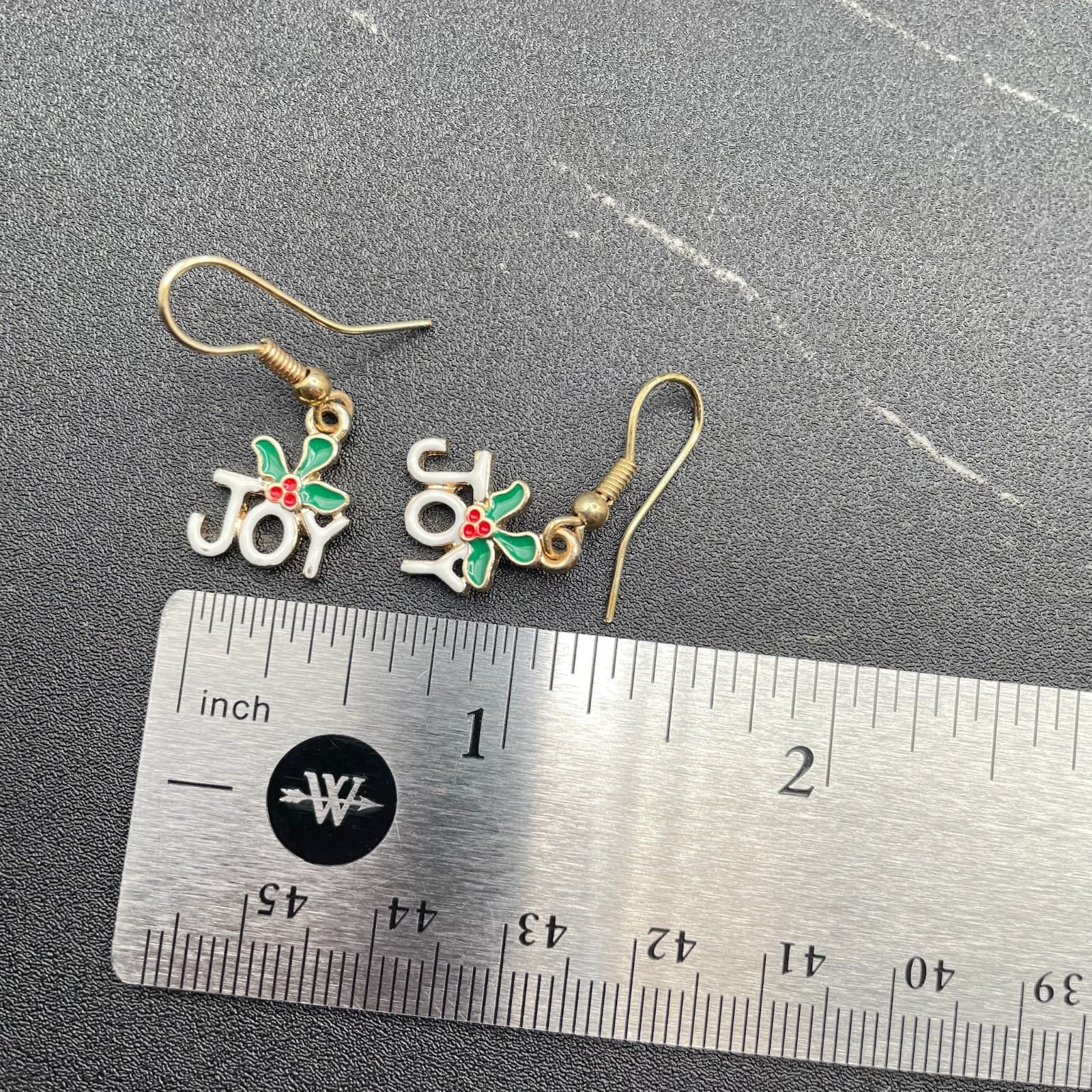 Contemporary Gold-Tone Christmas "Joy" Holly Dangle Drop French Hook Earrings - Thumbnail 9