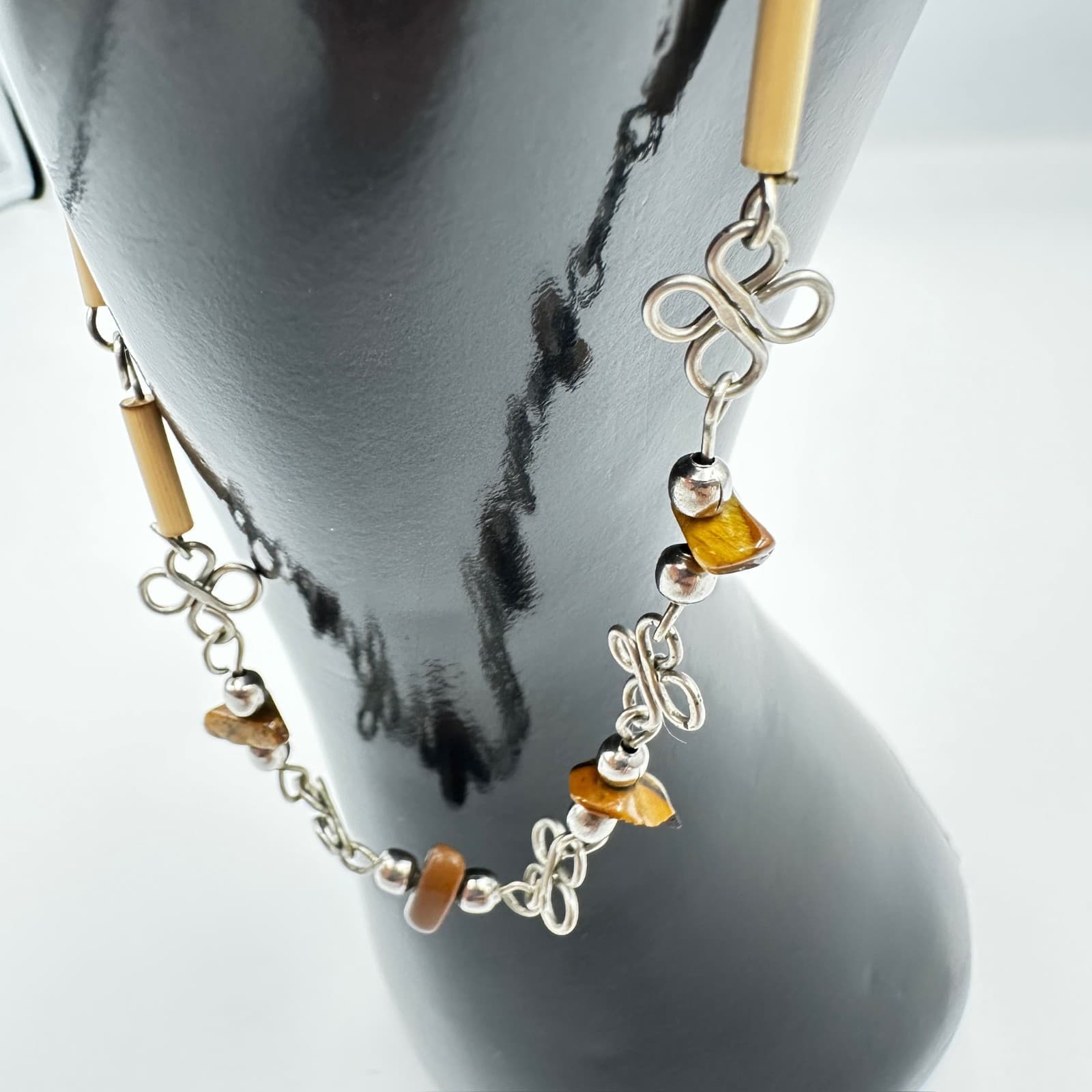 Tiger’s Eye & Silver-Tone Handmade Link Bracelet – Boho Natural Gem Charm - Thumbnail 4