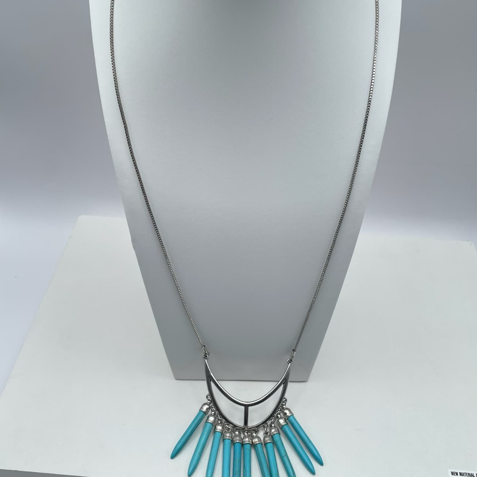 Vintage 90s Boho Turquoise Drops Crescent Necklace Silver Tone Spike Jewelry - Thumbnail 5