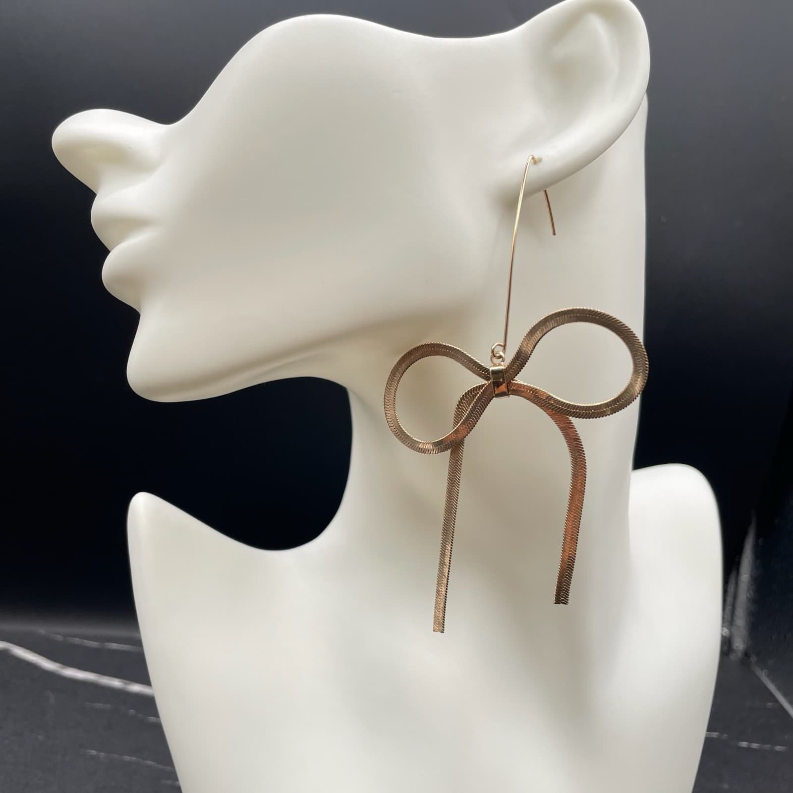 Classic Gold-Tone Fashion Herringbone Snake Chain Bow Drop French Hook Earrings - Thumbnail 7