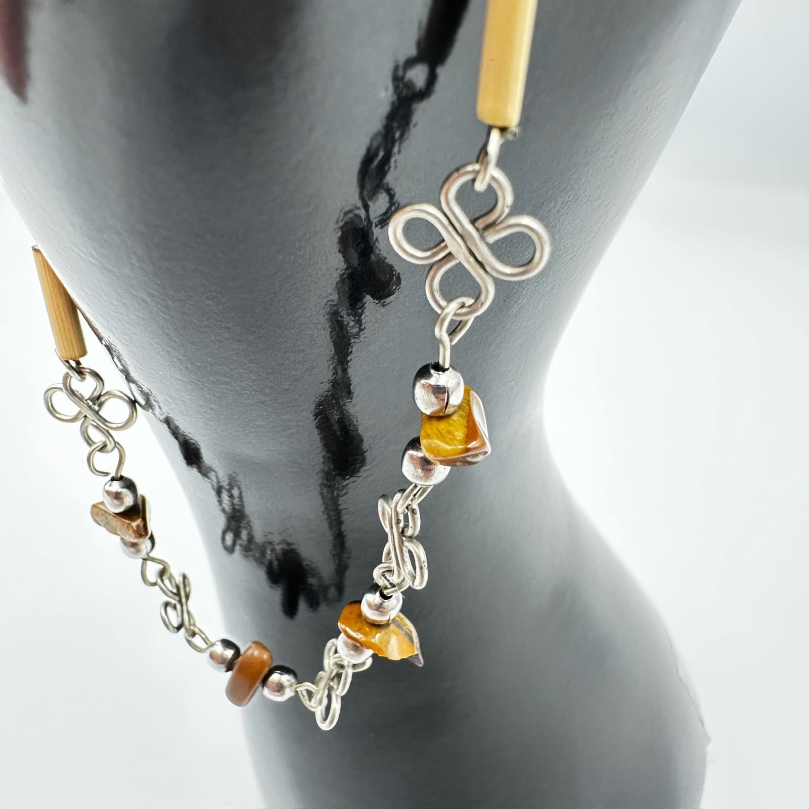 Tiger’s Eye & Silver-Tone Handmade Link Bracelet – Boho Natural Gem Charm - Thumbnail 5