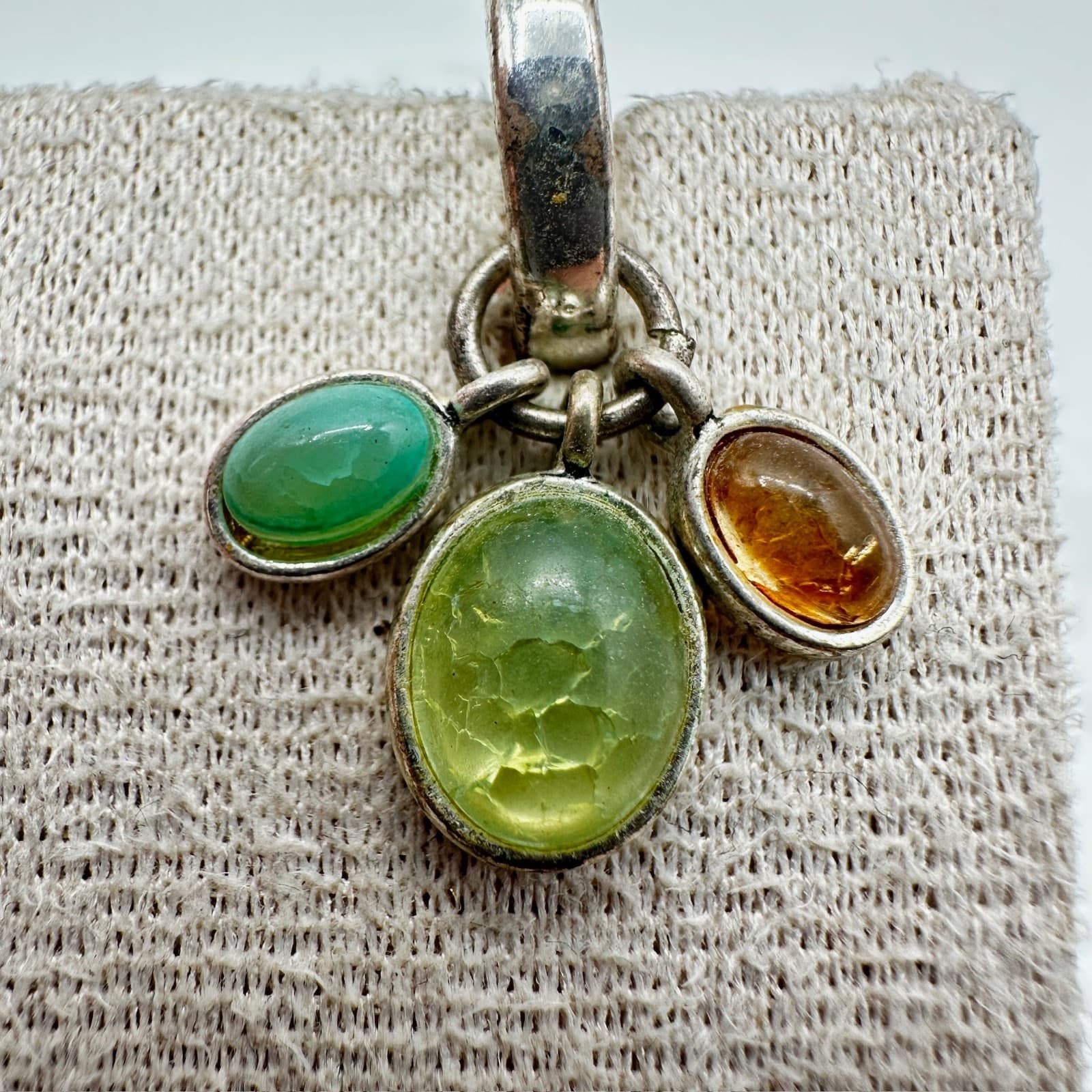 Vintage Monet Green Amber Oval Gemstones Silver-Tone Dangle Drop Earrings - Thumbnail 6