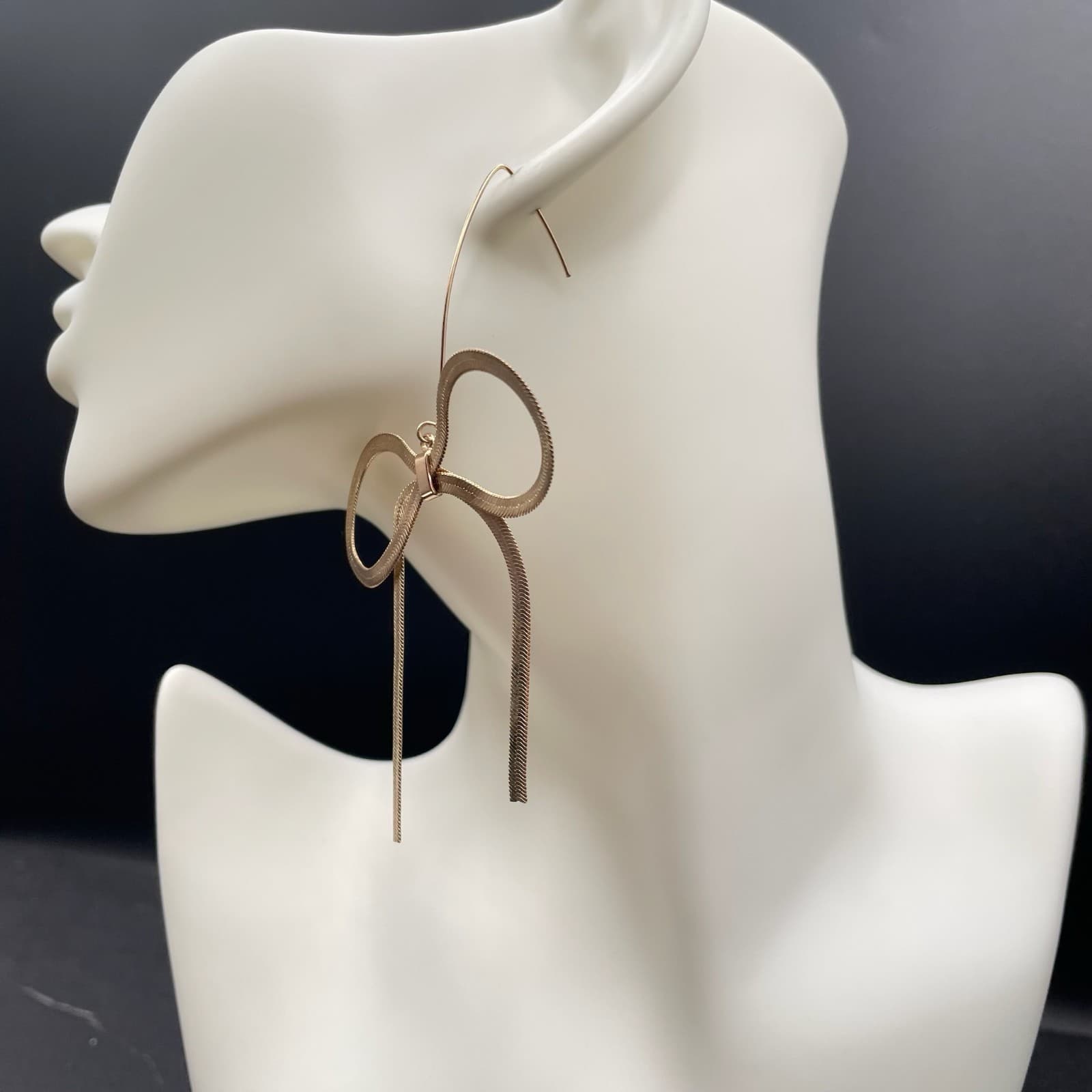 Classic Gold-Tone Fashion Herringbone Snake Chain Bow Drop French Hook Earrings - Thumbnail 10