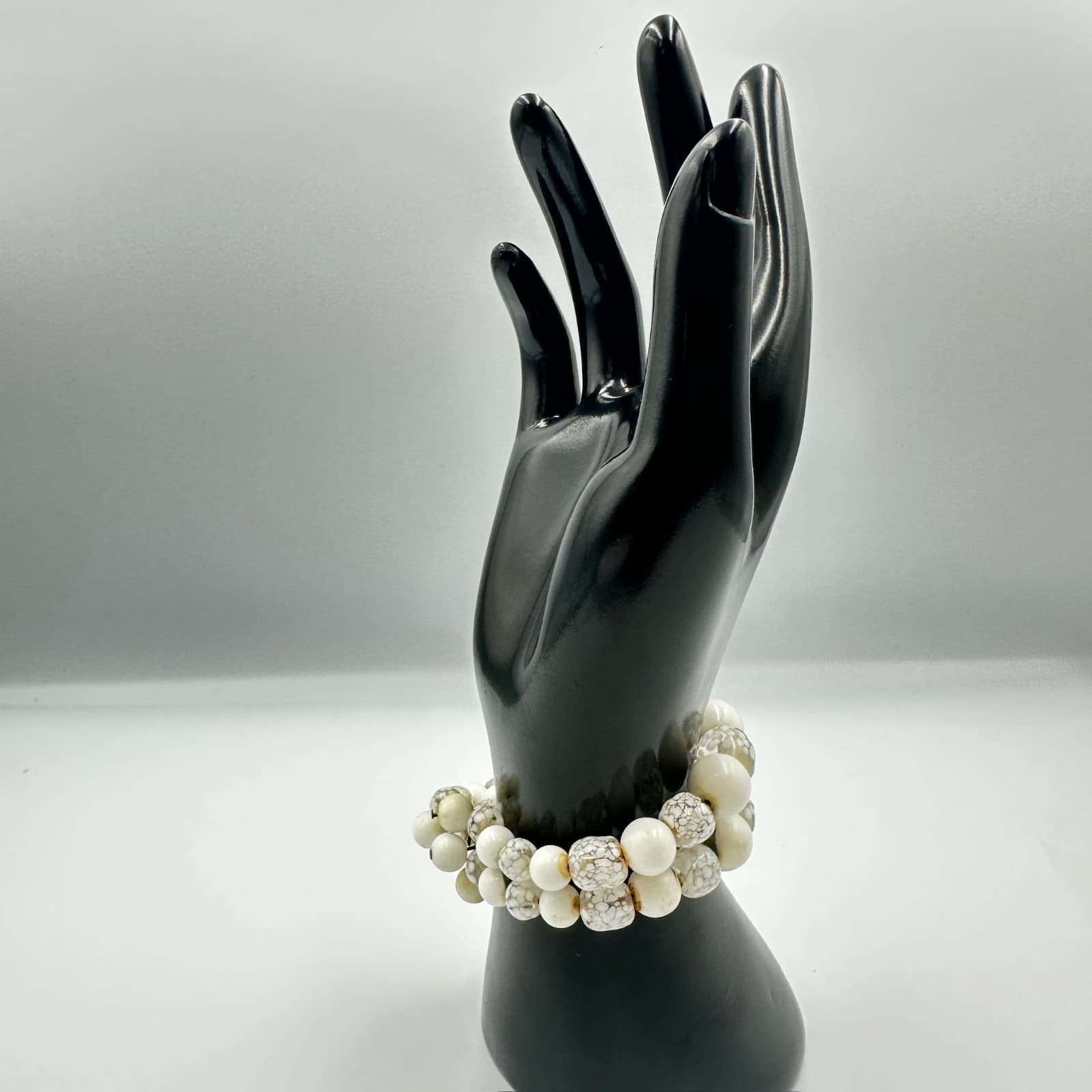 White Beaded Stretch Bracelet Set w/ Mosaic Accent Beads Y2K Chic - Thumbnail 3