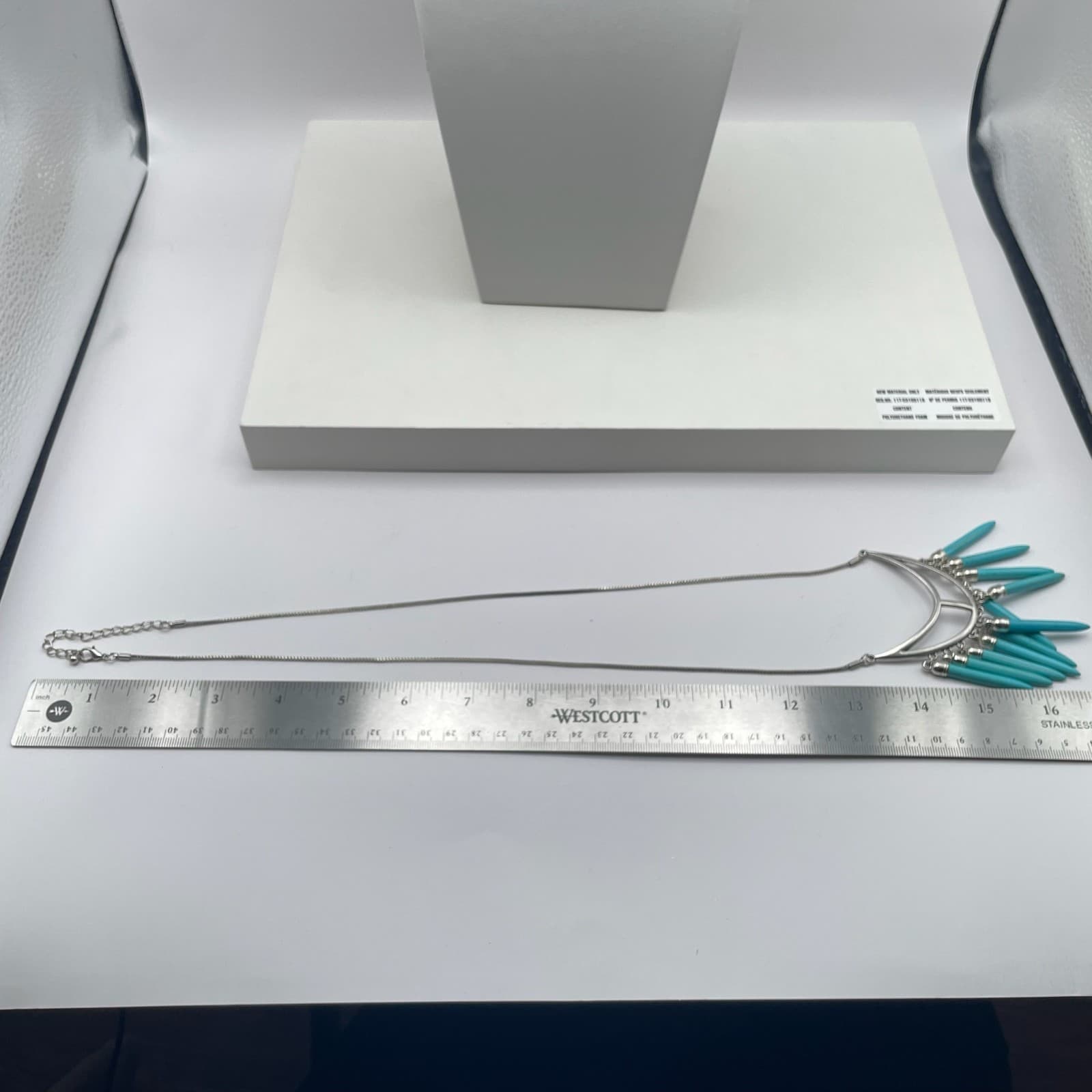 Vintage 90s Boho Turquoise Drops Crescent Necklace Silver Tone Spike Jewelry - Thumbnail 11