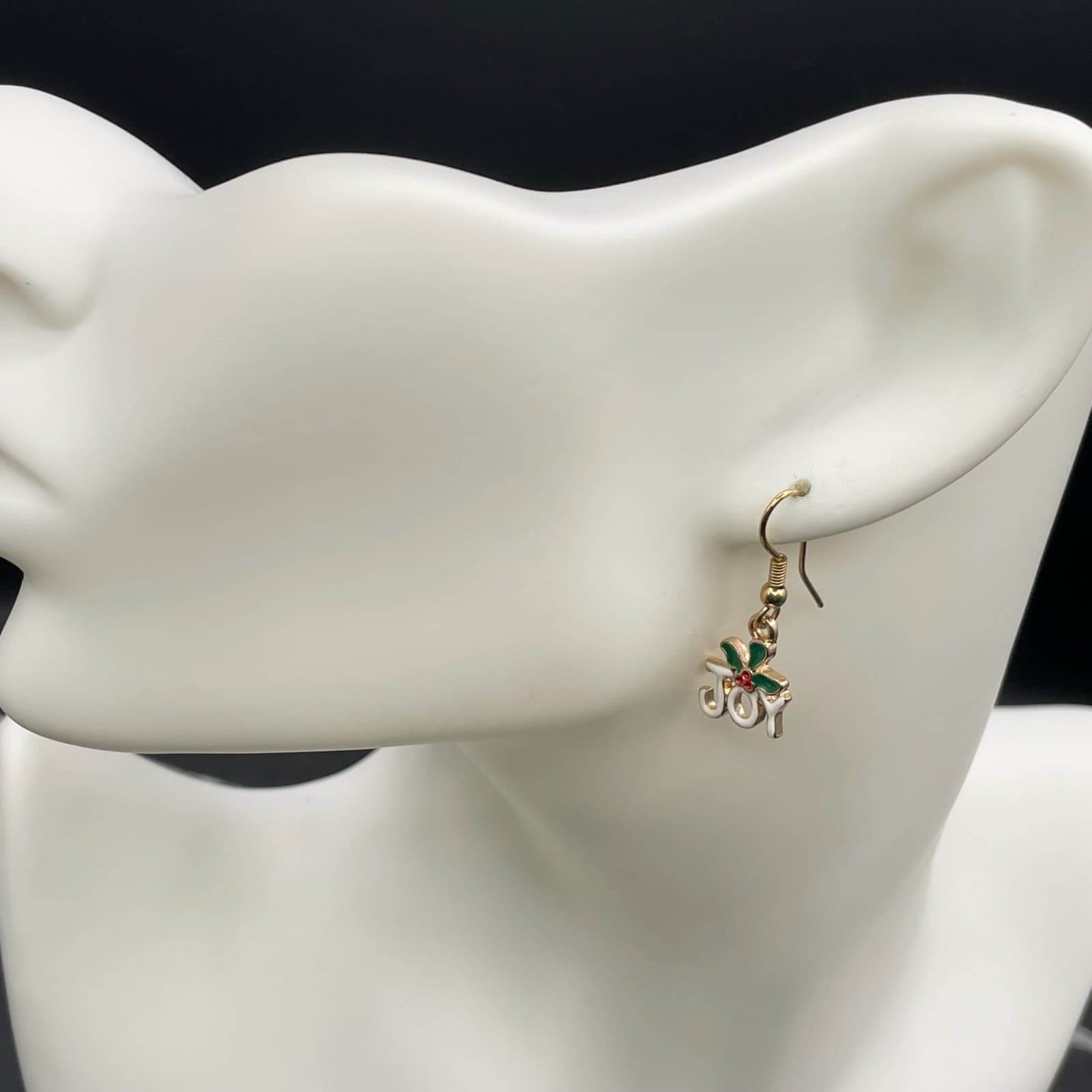 Contemporary Gold-Tone Christmas "Joy" Holly Dangle Drop French Hook Earrings - Thumbnail 7