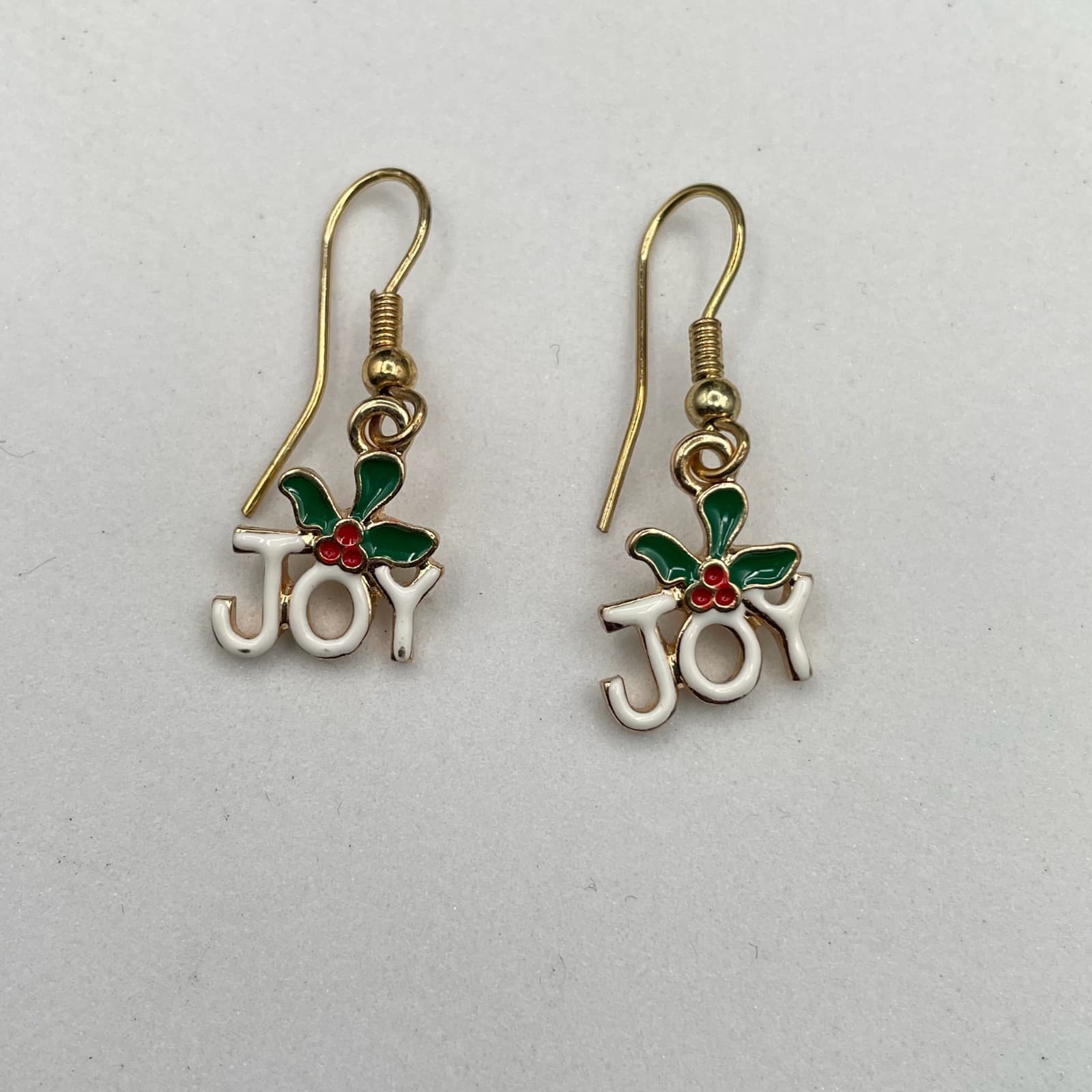 Contemporary Gold-Tone Christmas "Joy" Holly Dangle Drop French Hook Earrings - Thumbnail 4