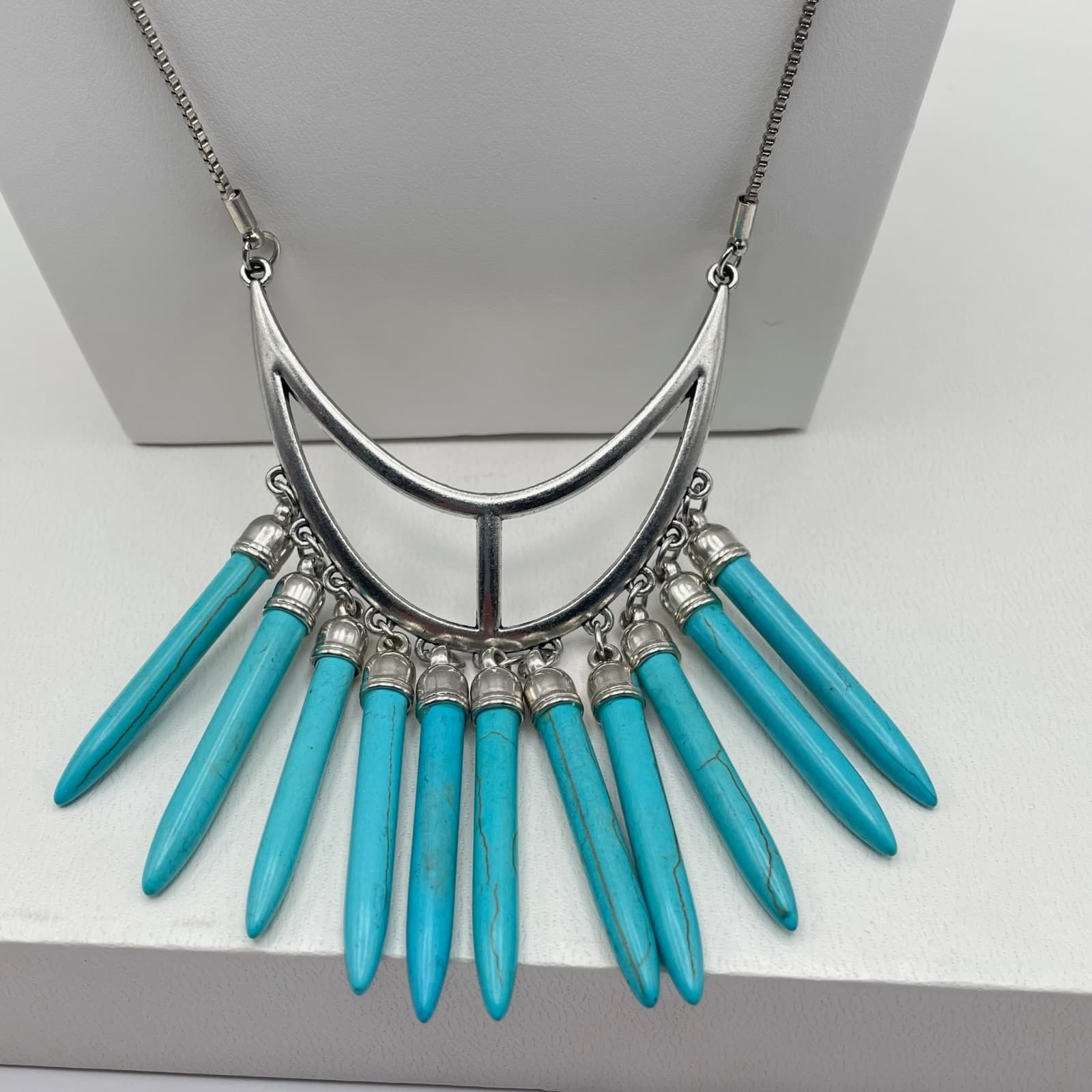 Vintage 90s Boho Turquoise Drops Crescent Necklace Silver Tone Spike Jewelry - Thumbnail 6