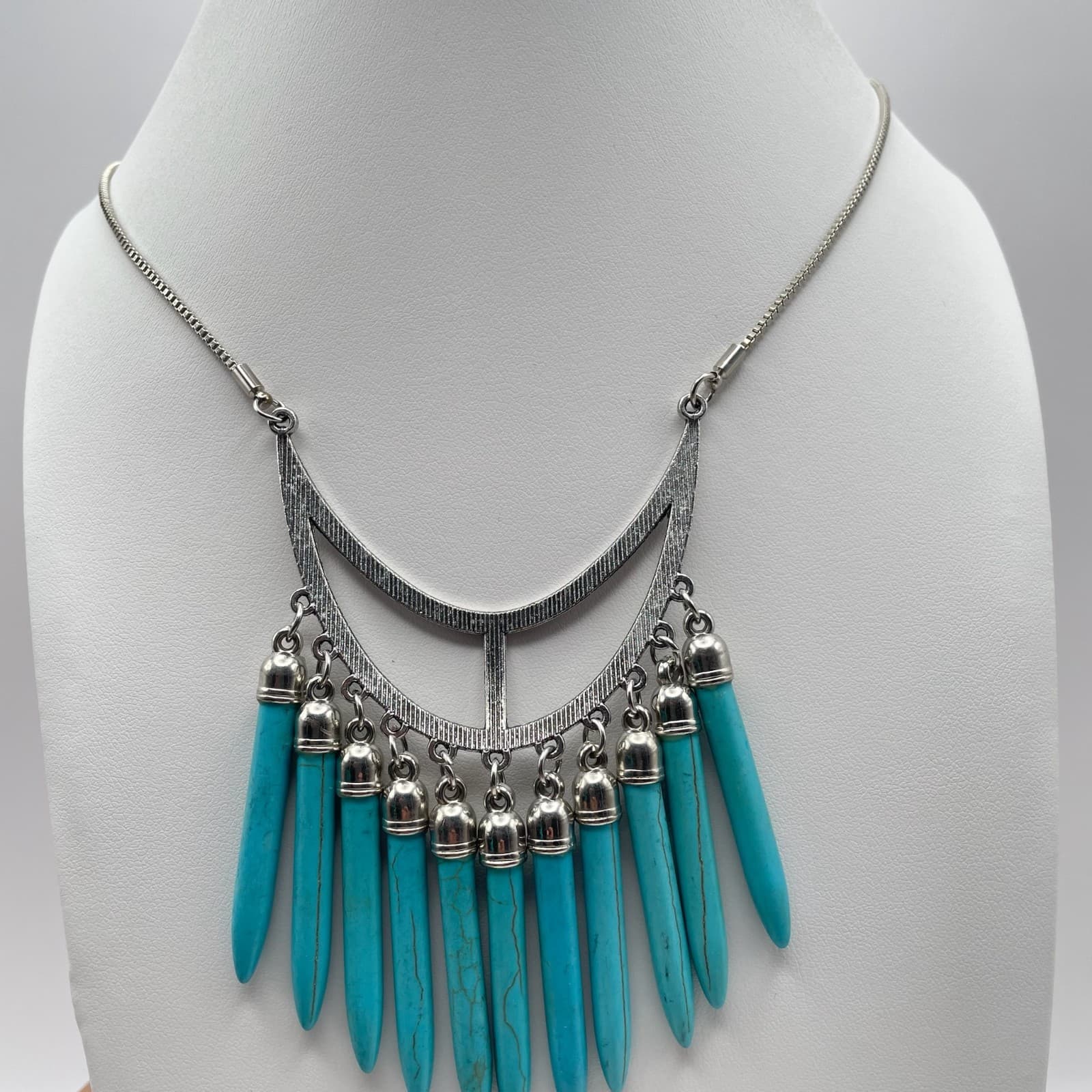 Vintage 90s Boho Turquoise Drops Crescent Necklace Silver Tone Spike Jewelry - Thumbnail 3