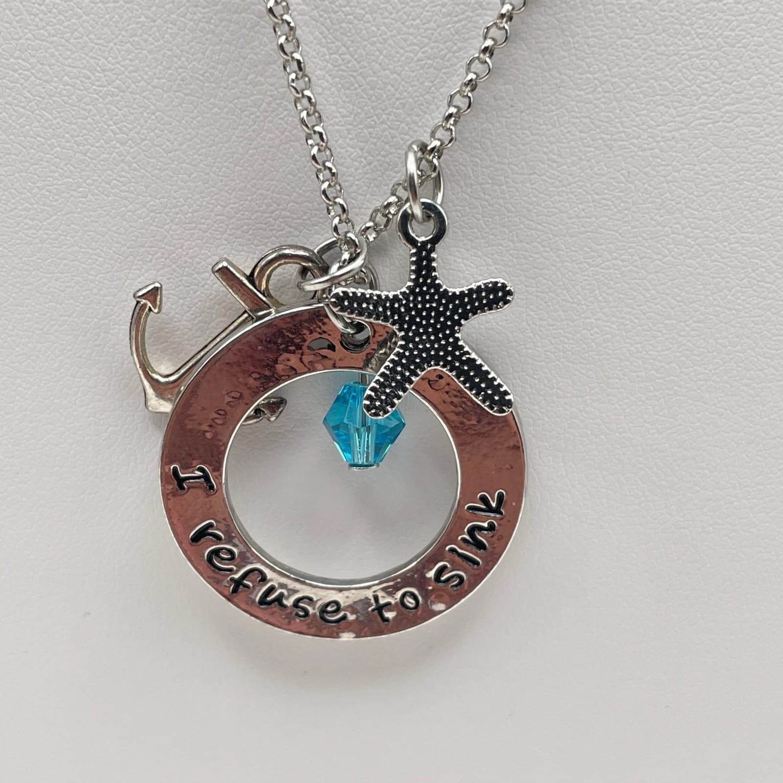 Vintage Y2K Silver Tone I Refuse to Sink Anchor Starfish Teal Crystal Necklace - Thumbnail 4