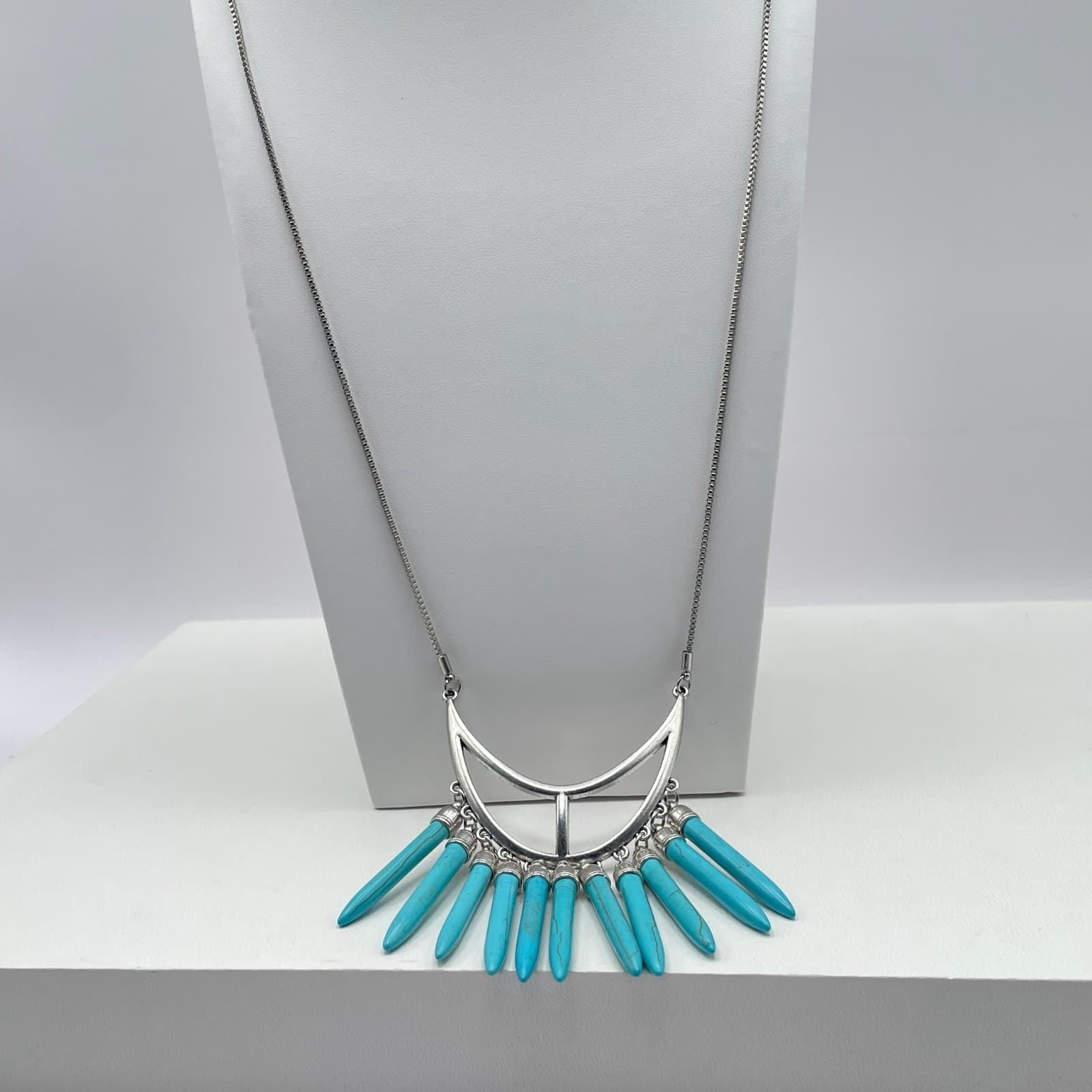 Vintage 90s Boho Turquoise Drops Crescent Necklace Silver Tone Spike Jewelry - Image 1