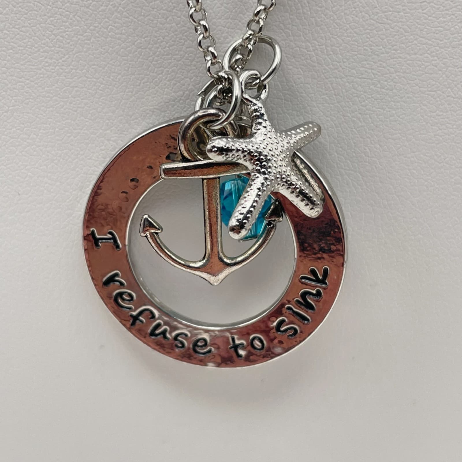 Vintage Y2K Silver Tone I Refuse to Sink Anchor Starfish Teal Crystal Necklace - Thumbnail 5