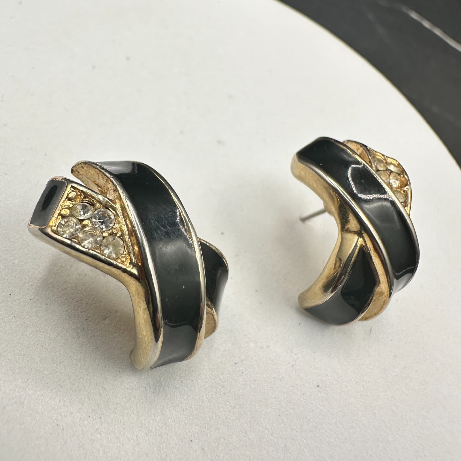 Vintage 80s Black Enamel Clear Rhinestone X Clip-on Earrings Gold Tone Jewelry - Thumbnail 2