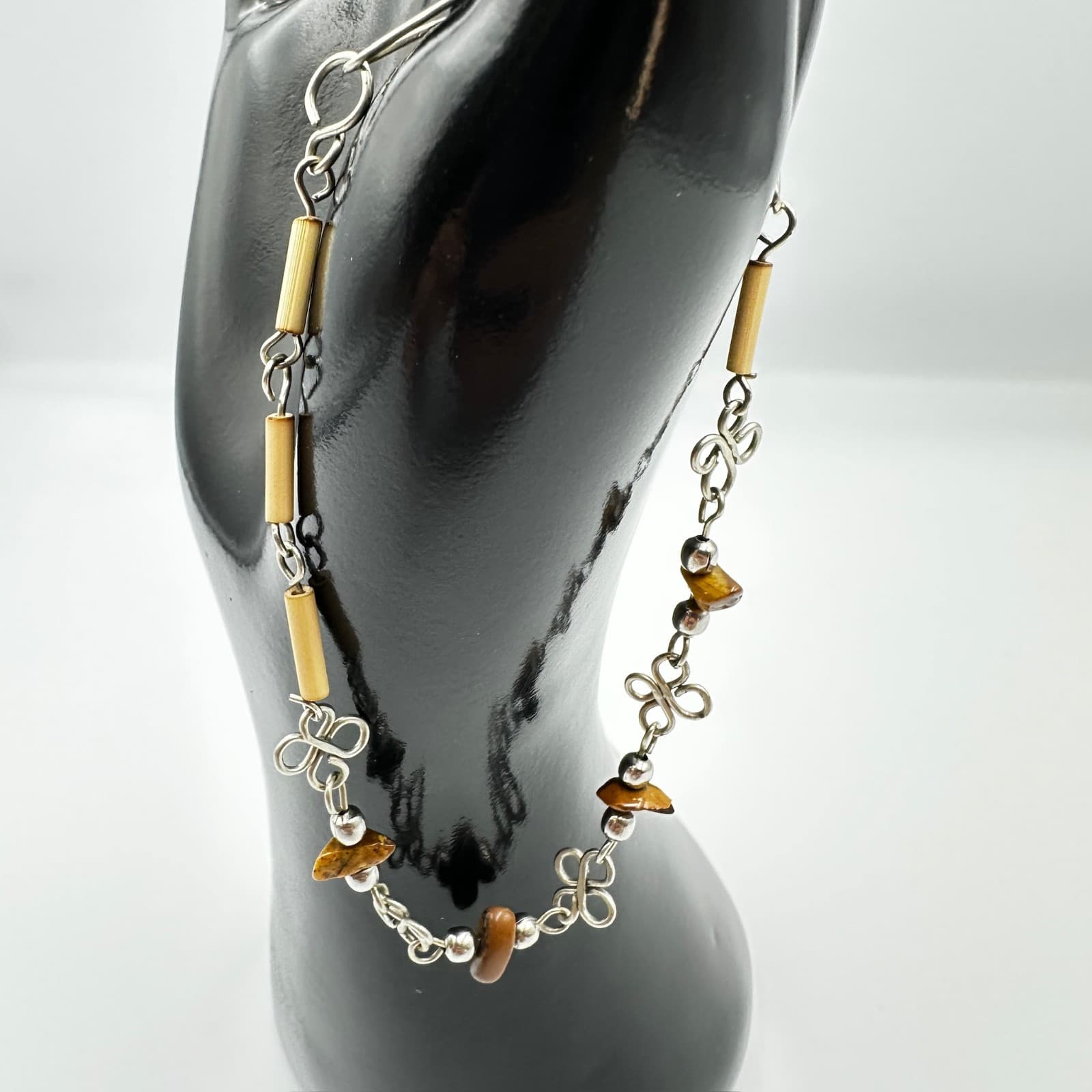 Tiger’s Eye & Silver-Tone Handmade Link Bracelet – Boho Natural Gem Charm - Thumbnail 3