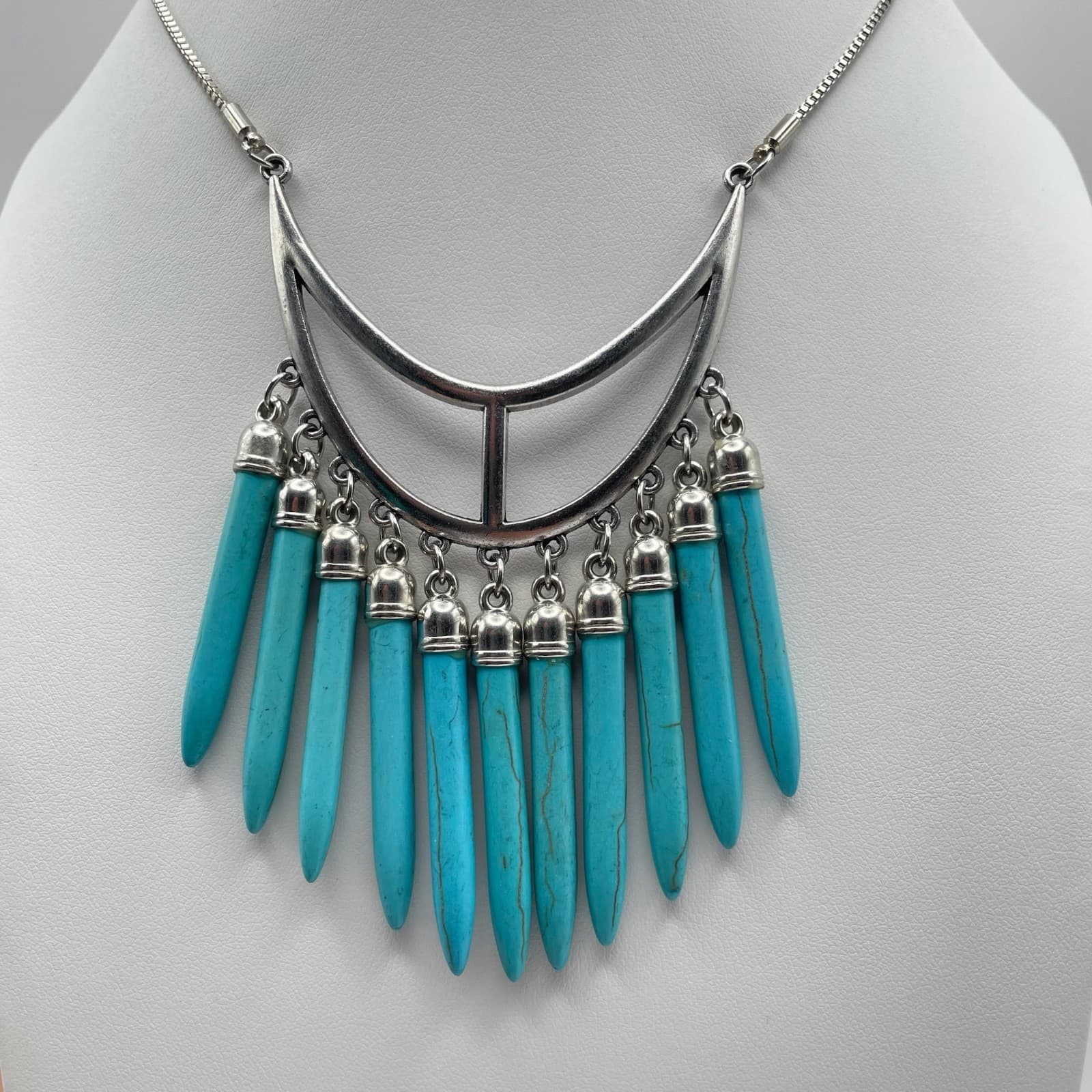 Vintage 90s Boho Turquoise Drops Crescent Necklace Silver Tone Spike Jewelry - Thumbnail 4