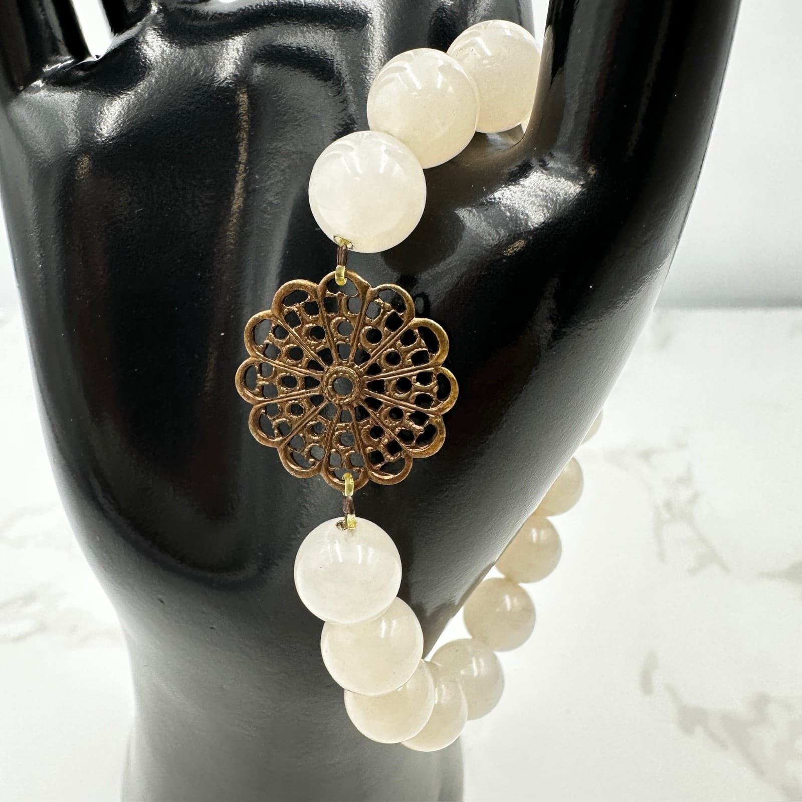 Vintage White Polished Quartz Beaded Stretch Floral Filigree Charm Pendant - Thumbnail 2