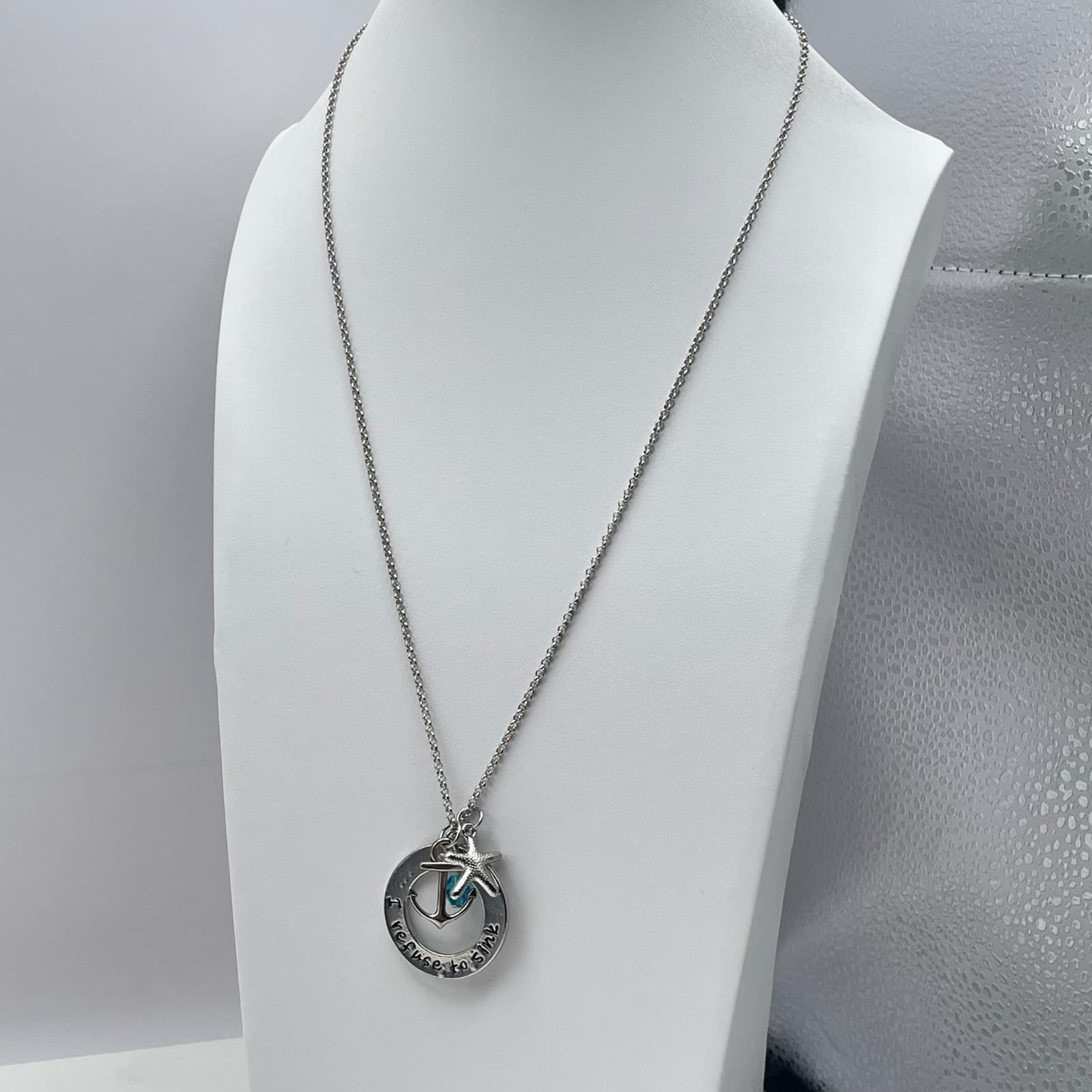 Vintage Y2K Silver Tone I Refuse to Sink Anchor Starfish Teal Crystal Necklace - Thumbnail 8