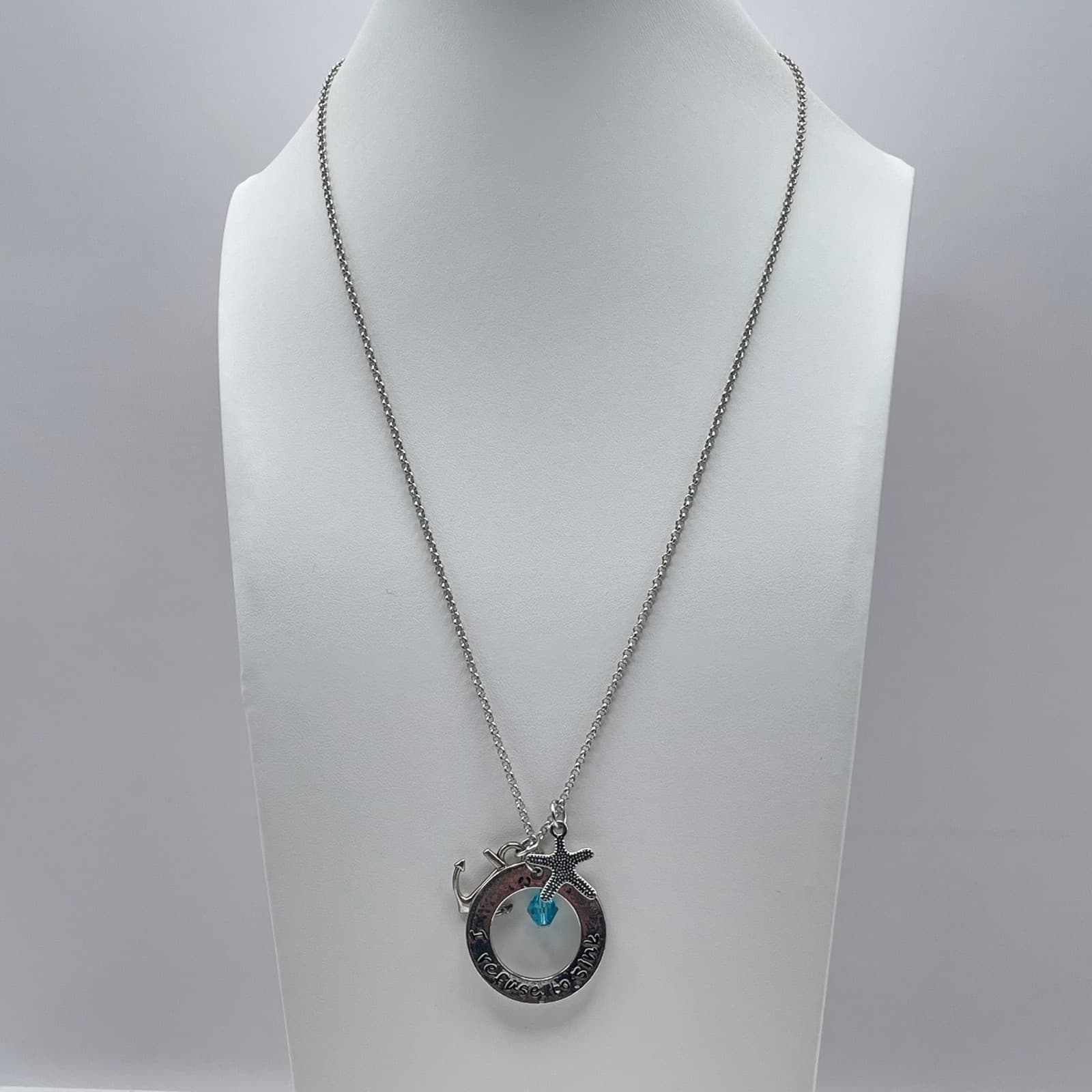 Vintage Y2K Silver Tone I Refuse to Sink Anchor Starfish Teal Crystal Necklace - Thumbnail 3