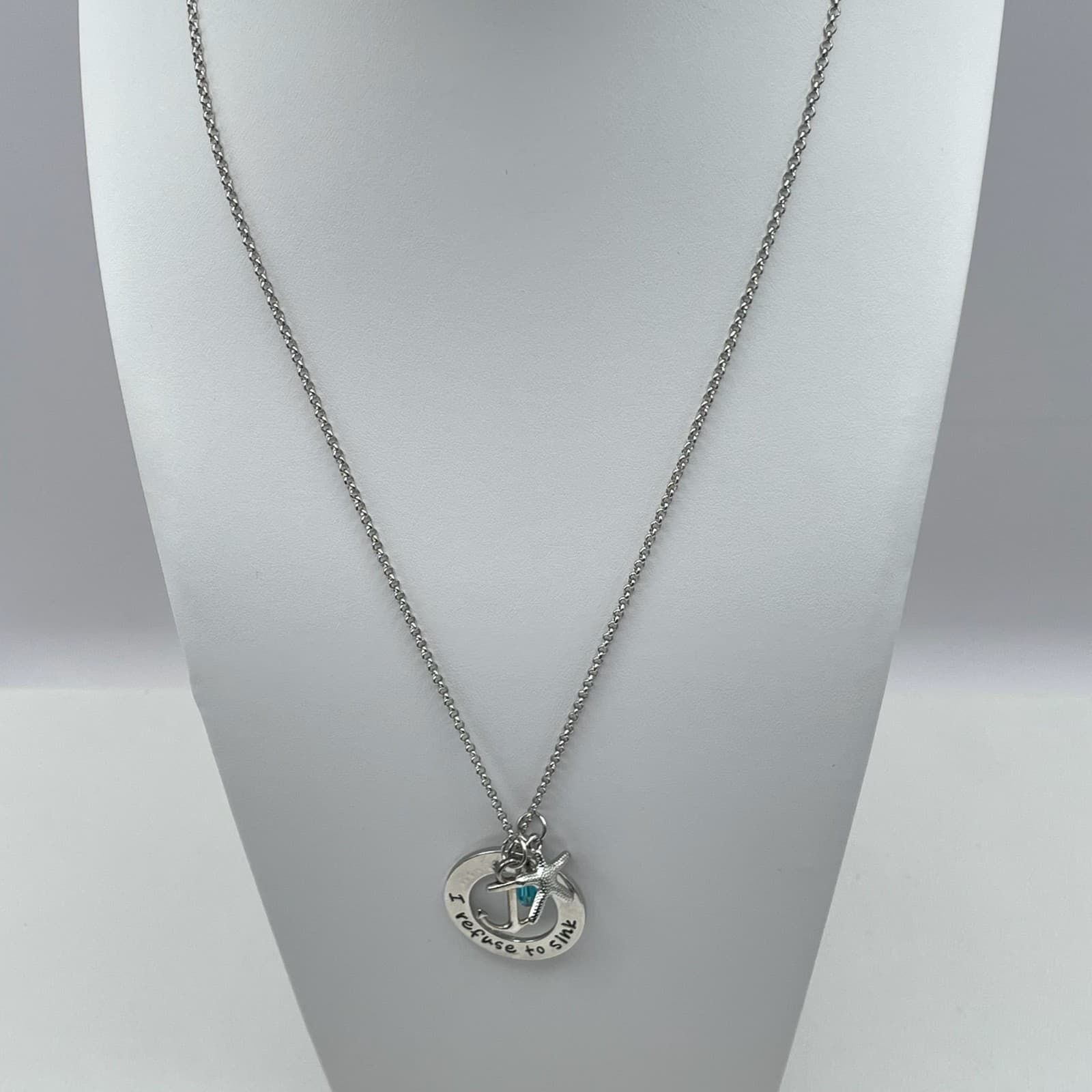 Vintage Y2K Silver Tone I Refuse to Sink Anchor Starfish Teal Crystal Necklace - Thumbnail 9