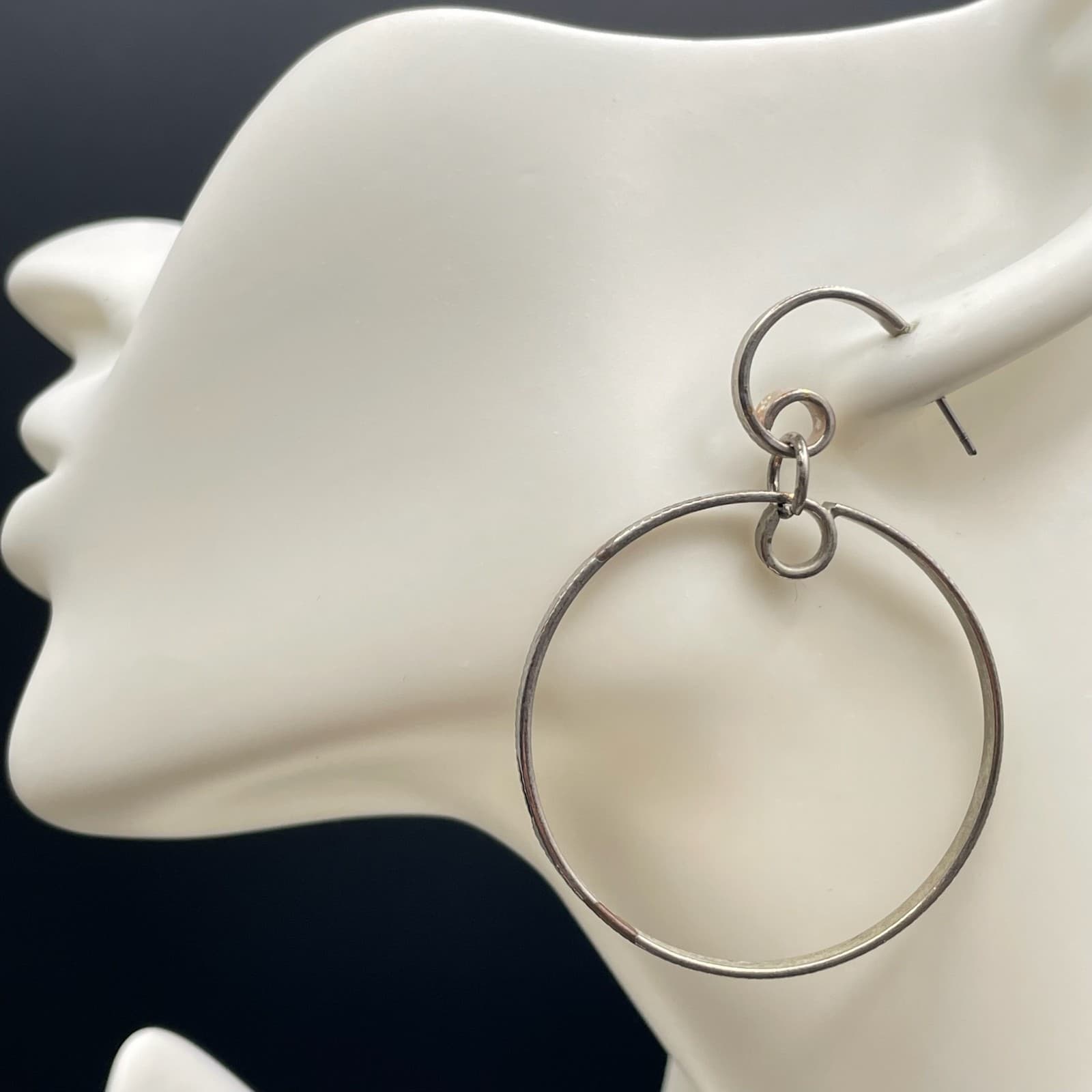 Contemporary Silver-Tone Classic Pebbled Multi-Link Geometric Hoop Drop Earrings - Thumbnail 11