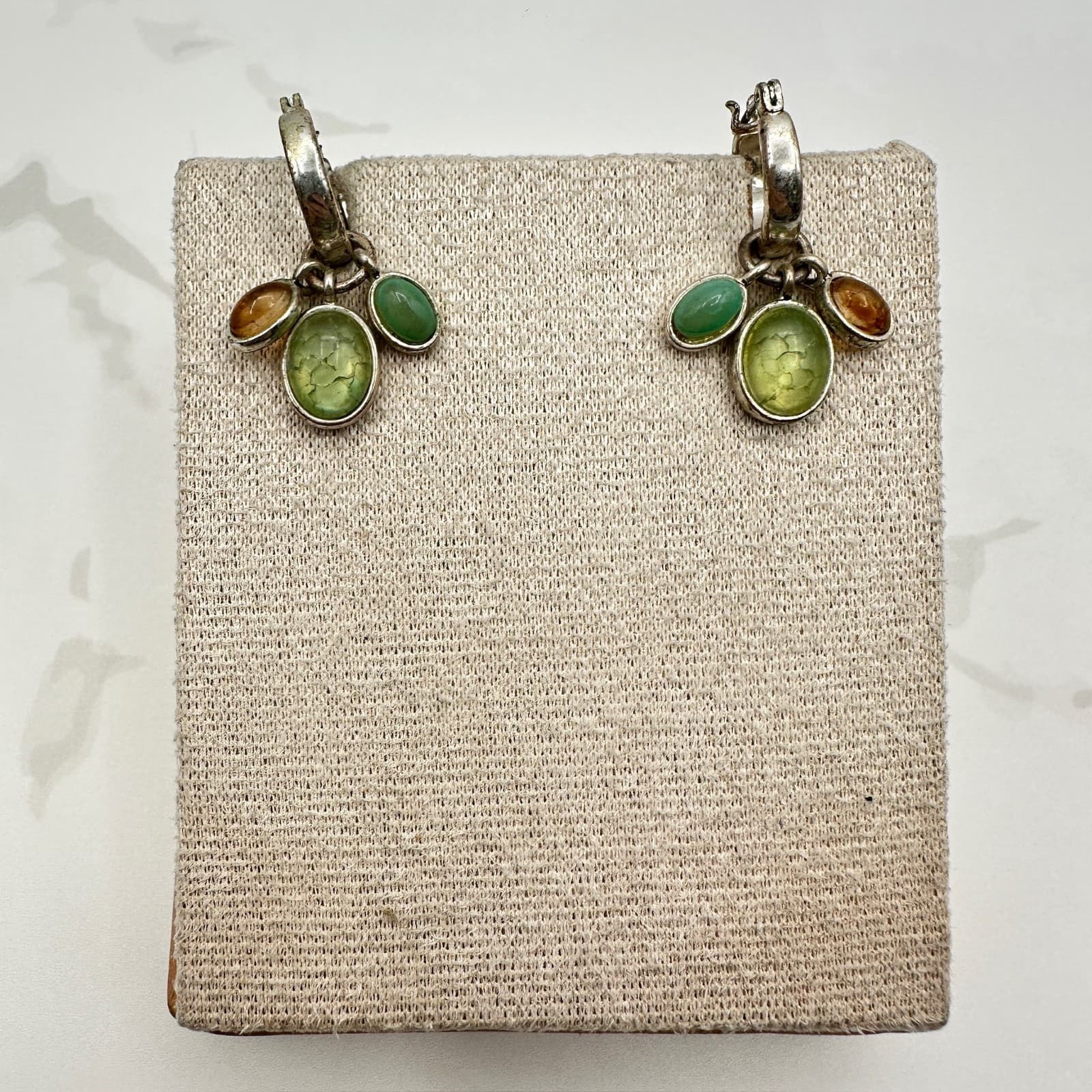 Vintage Monet Green Amber Oval Gemstones Silver-Tone Dangle Drop Earrings - Image 1