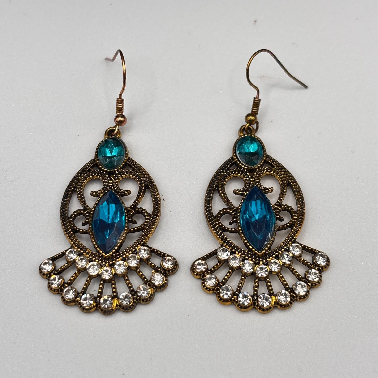 Vintage Y2K Brass Tone Dangle Earrings Blue Clear Rhinestone Filigree Women's - Image 1