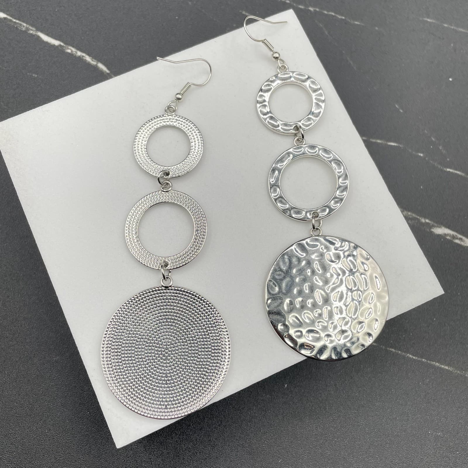 Bohemian Silver-Tone Hammered Triple Blooming Baubles Drop Dangle Earrings - Thumbnail 3