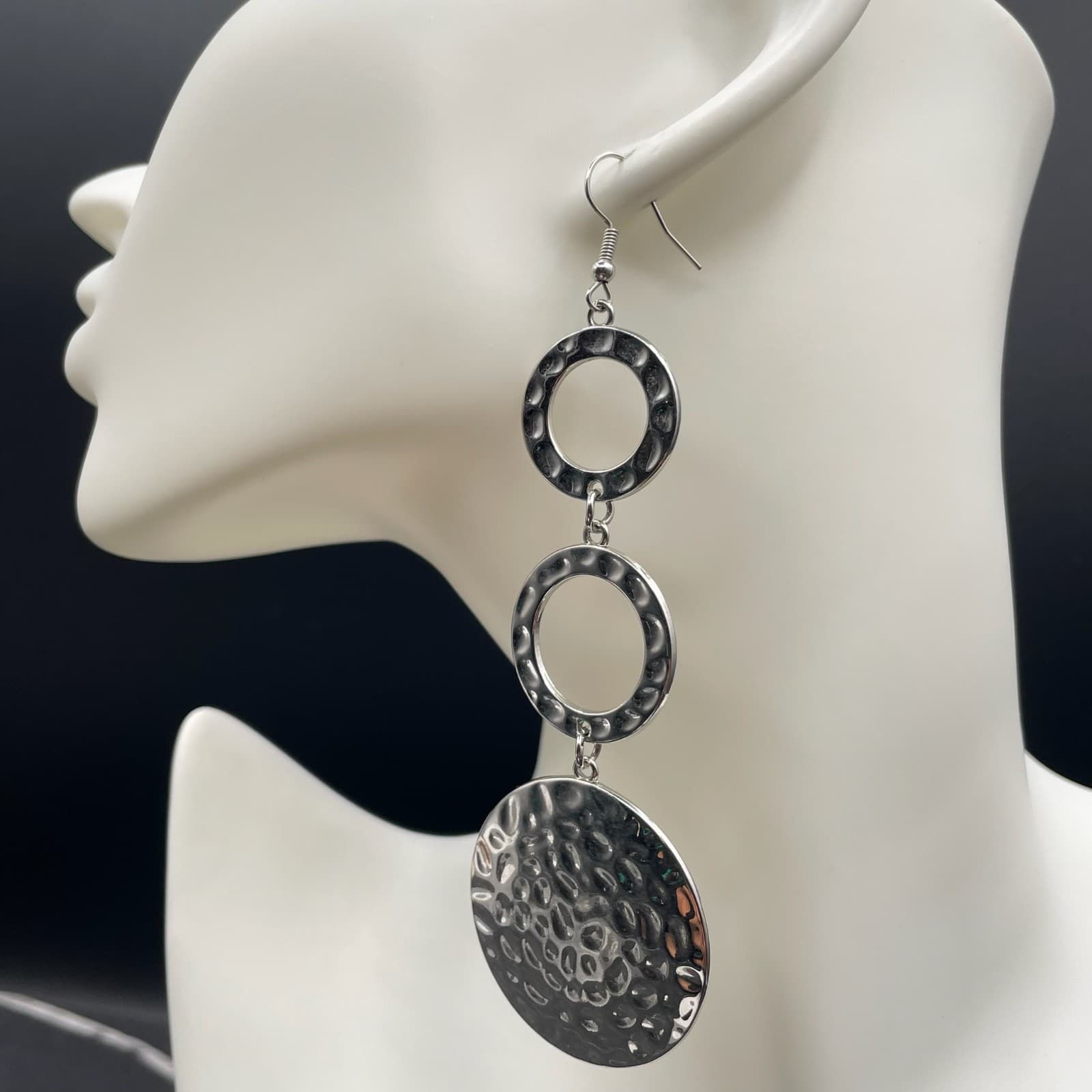 Bohemian Silver-Tone Hammered Triple Blooming Baubles Drop Dangle Earrings - Thumbnail 9