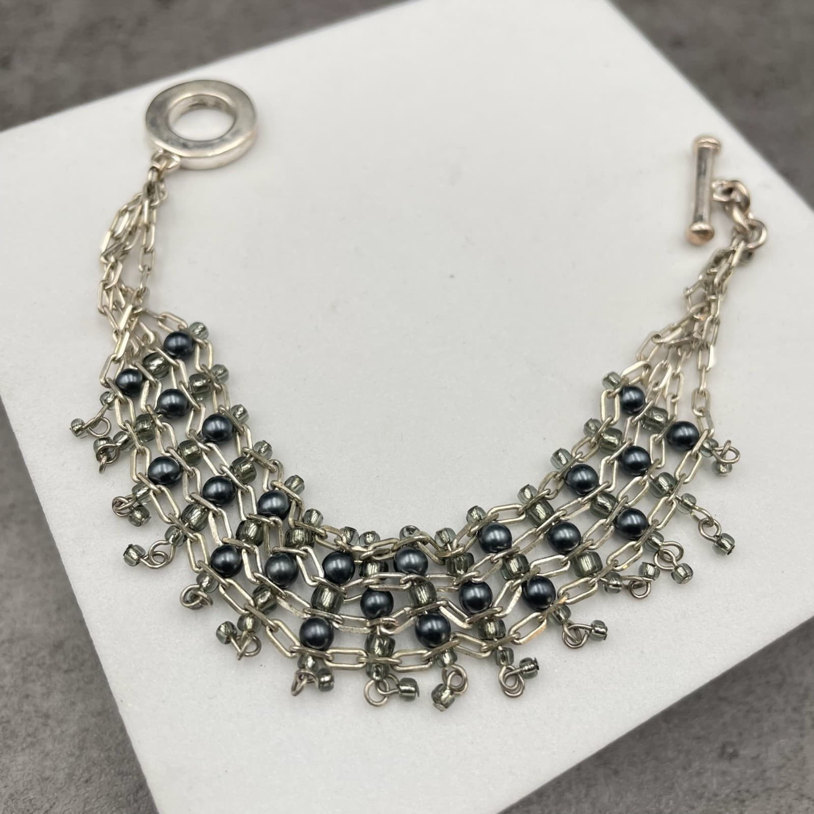 Vintage Carolee Silver-Tone Classic Seed Beads Toggle Multi-Strand Mesh Bracelet - Thumbnail 2