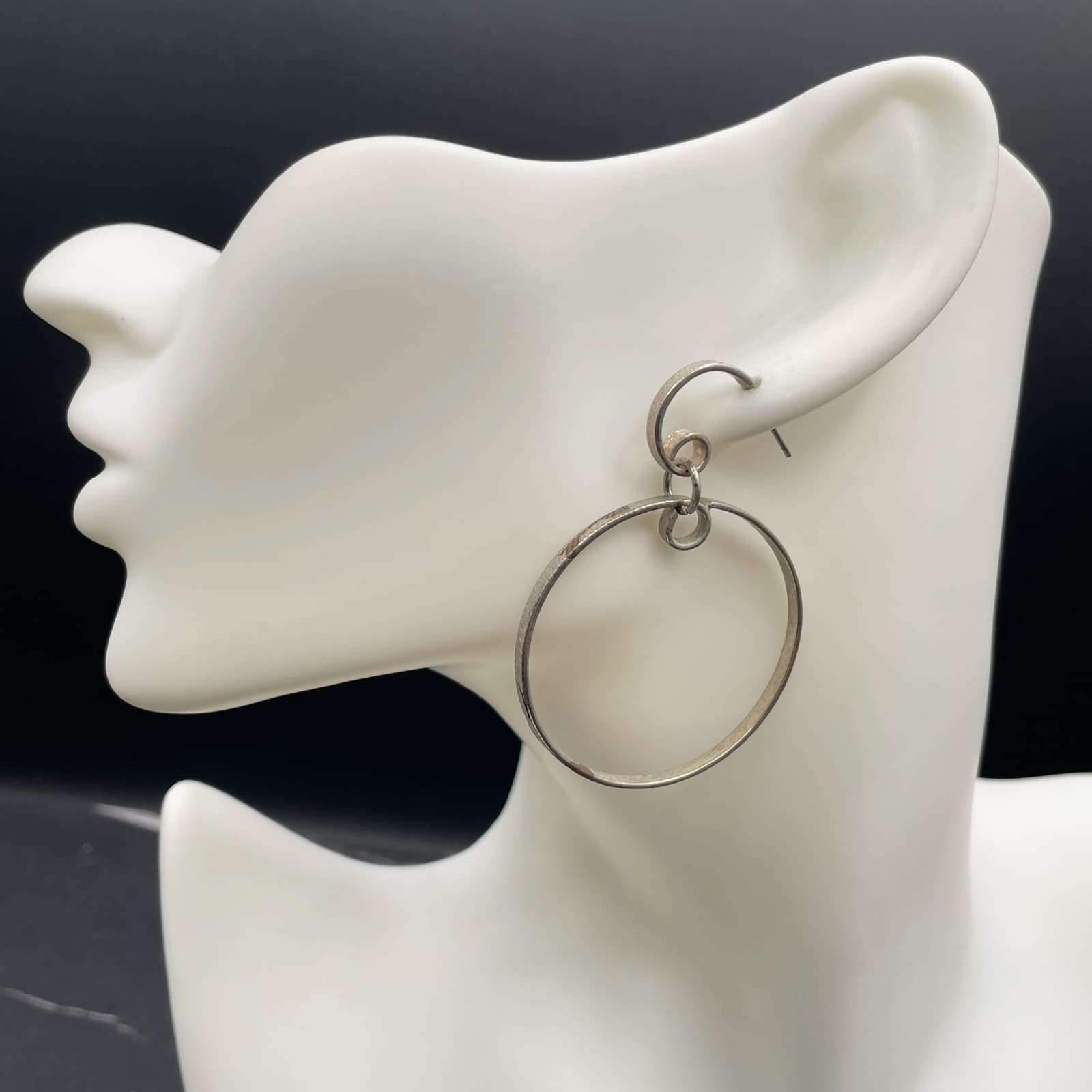Contemporary Silver-Tone Classic Pebbled Multi-Link Geometric Hoop Drop Earrings - Thumbnail 2
