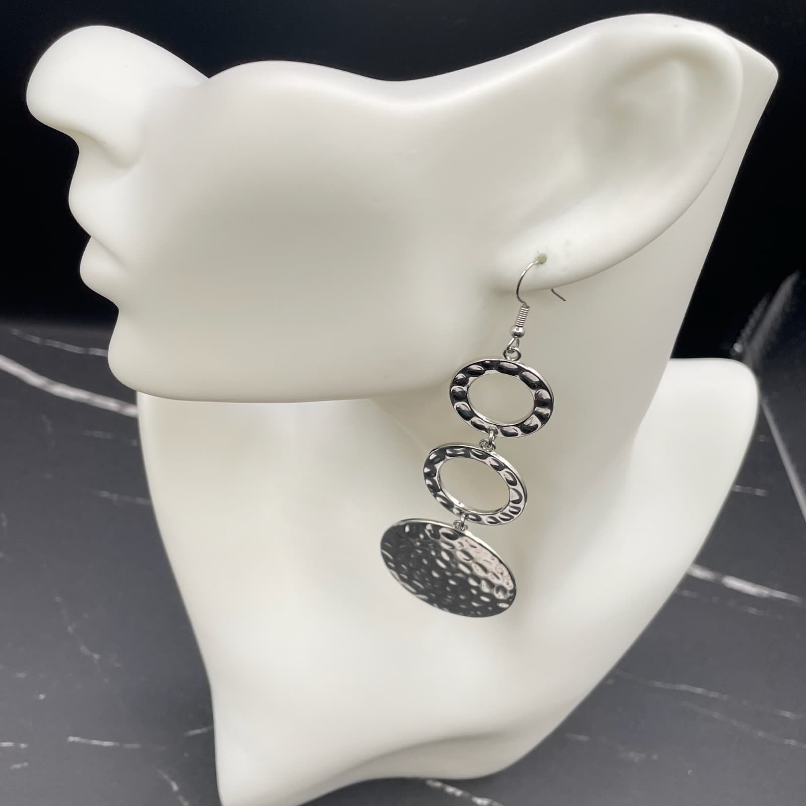 Bohemian Silver-Tone Hammered Triple Blooming Baubles Drop Dangle Earrings - Thumbnail 8