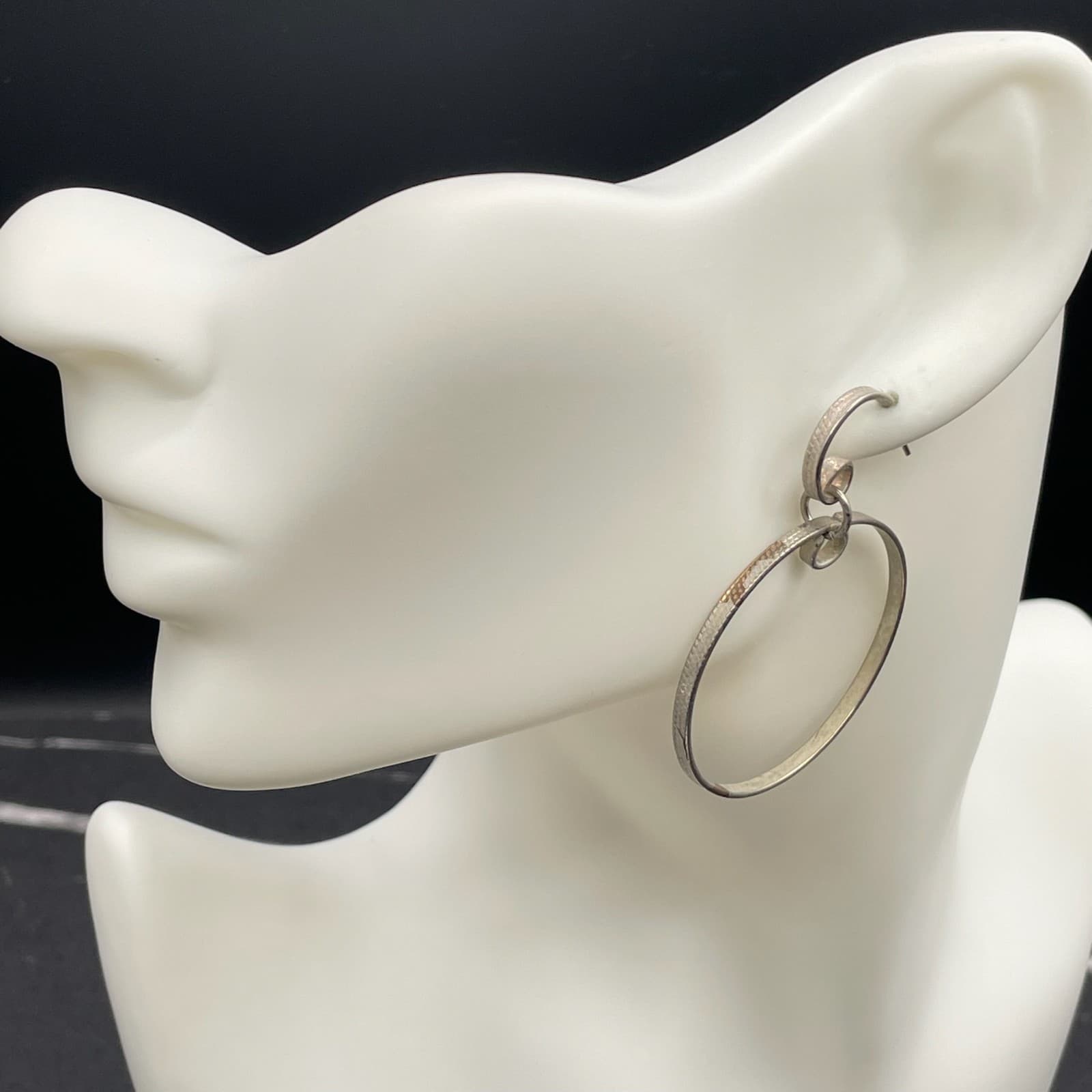 Contemporary Silver-Tone Classic Pebbled Multi-Link Geometric Hoop Drop Earrings - Thumbnail 13