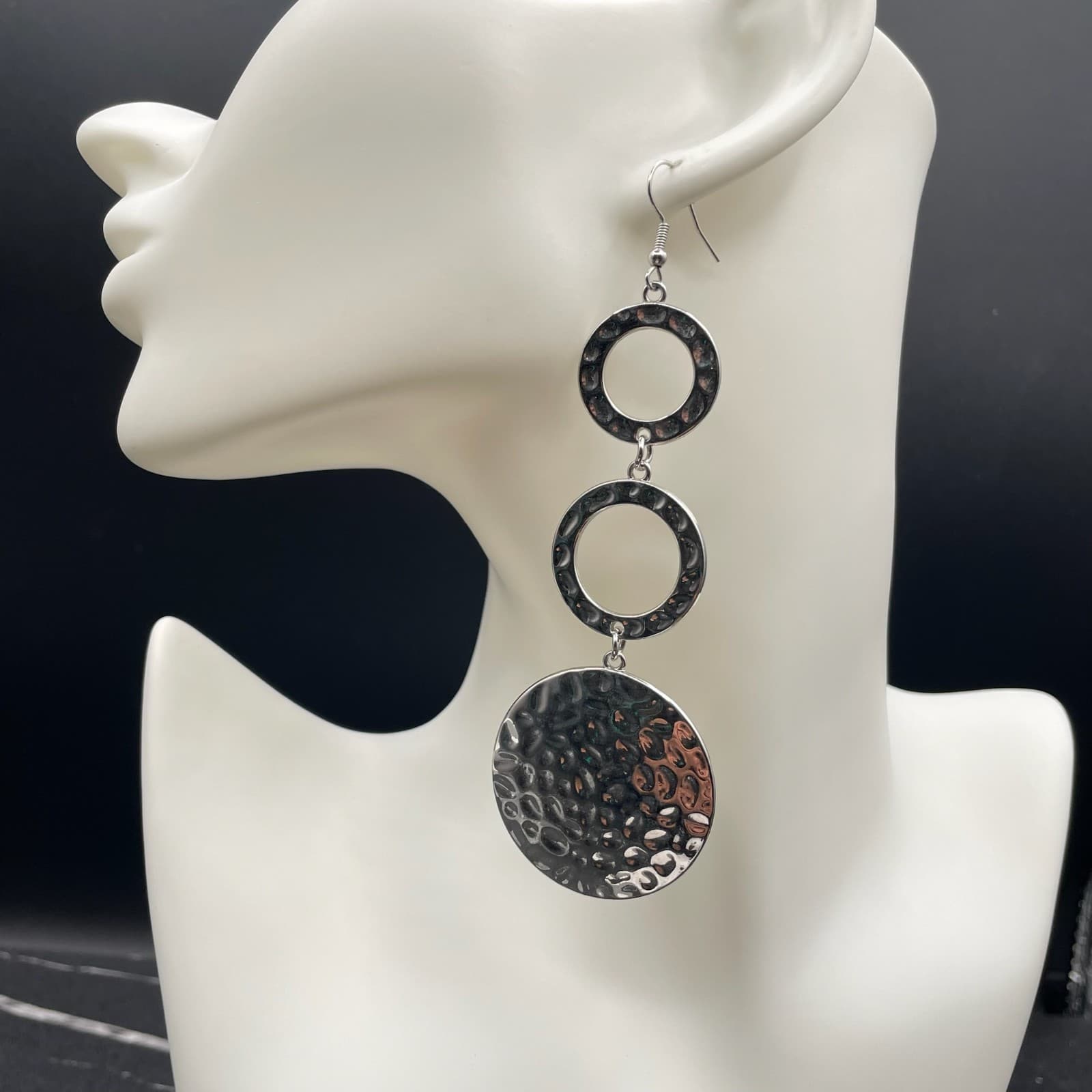 Bohemian Silver-Tone Hammered Triple Blooming Baubles Drop Dangle Earrings - Thumbnail 2