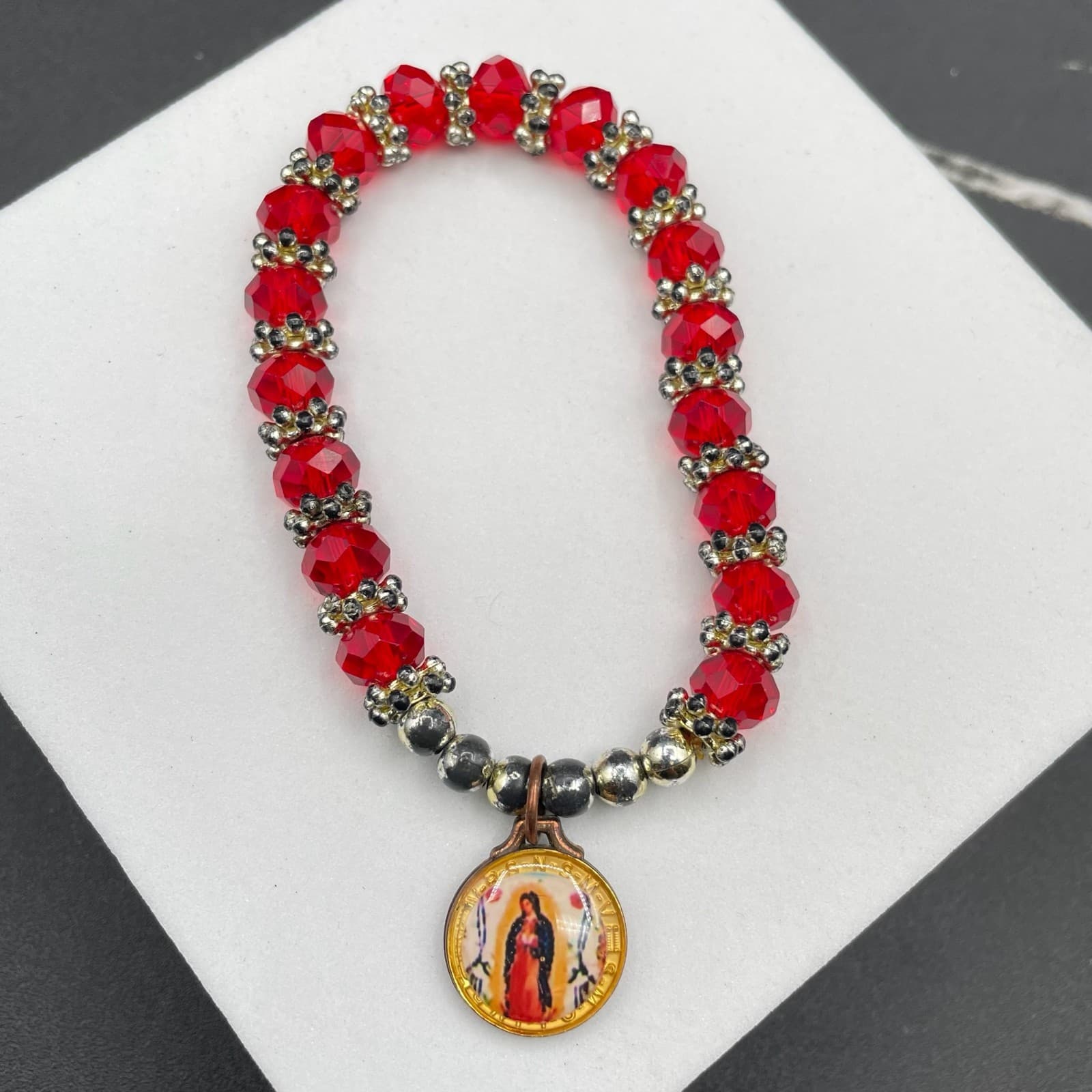 Traditional Red Faceted Glass Virgen De Guadalupe Saint Benedict Beaded Bracelet - Image 1