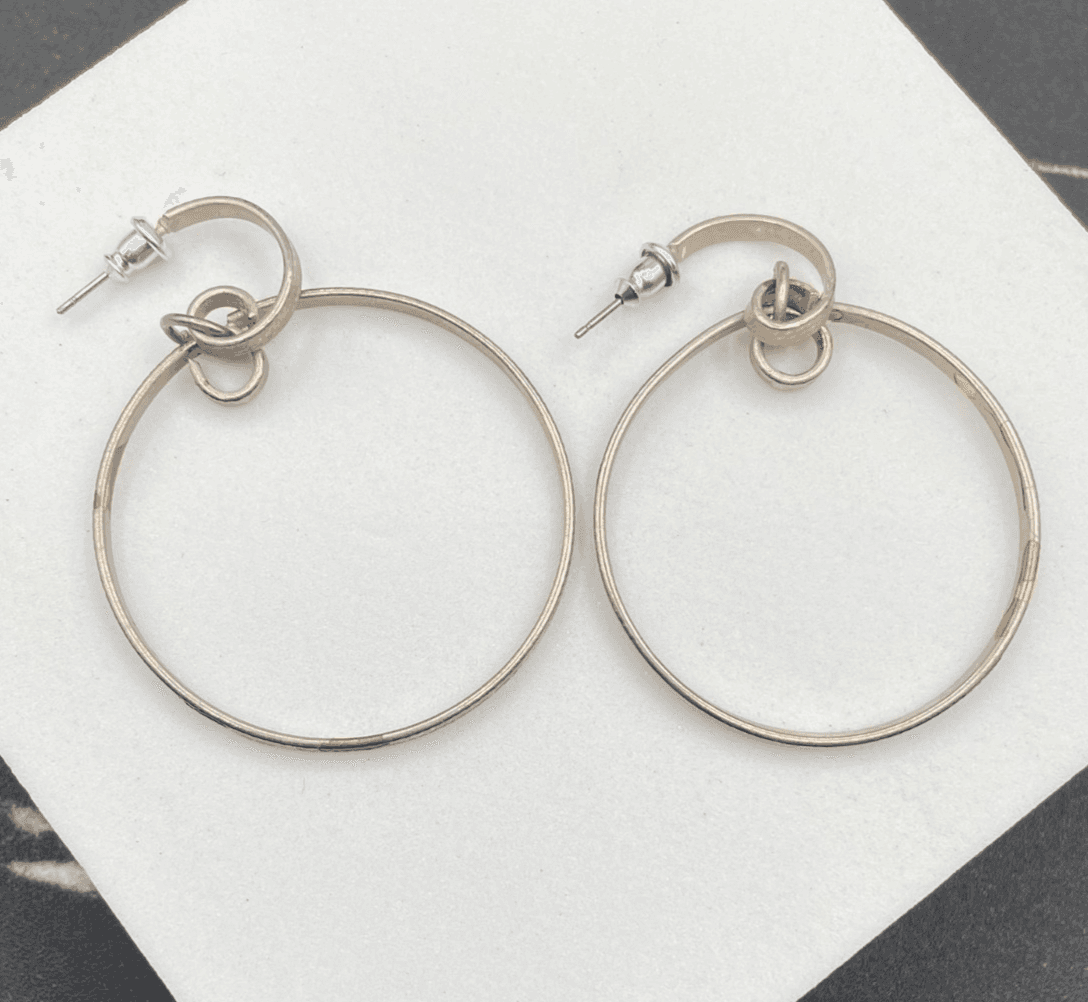 Contemporary Silver-Tone Classic Pebbled Multi-Link Geometric Hoop Drop Earrings - Image 1
