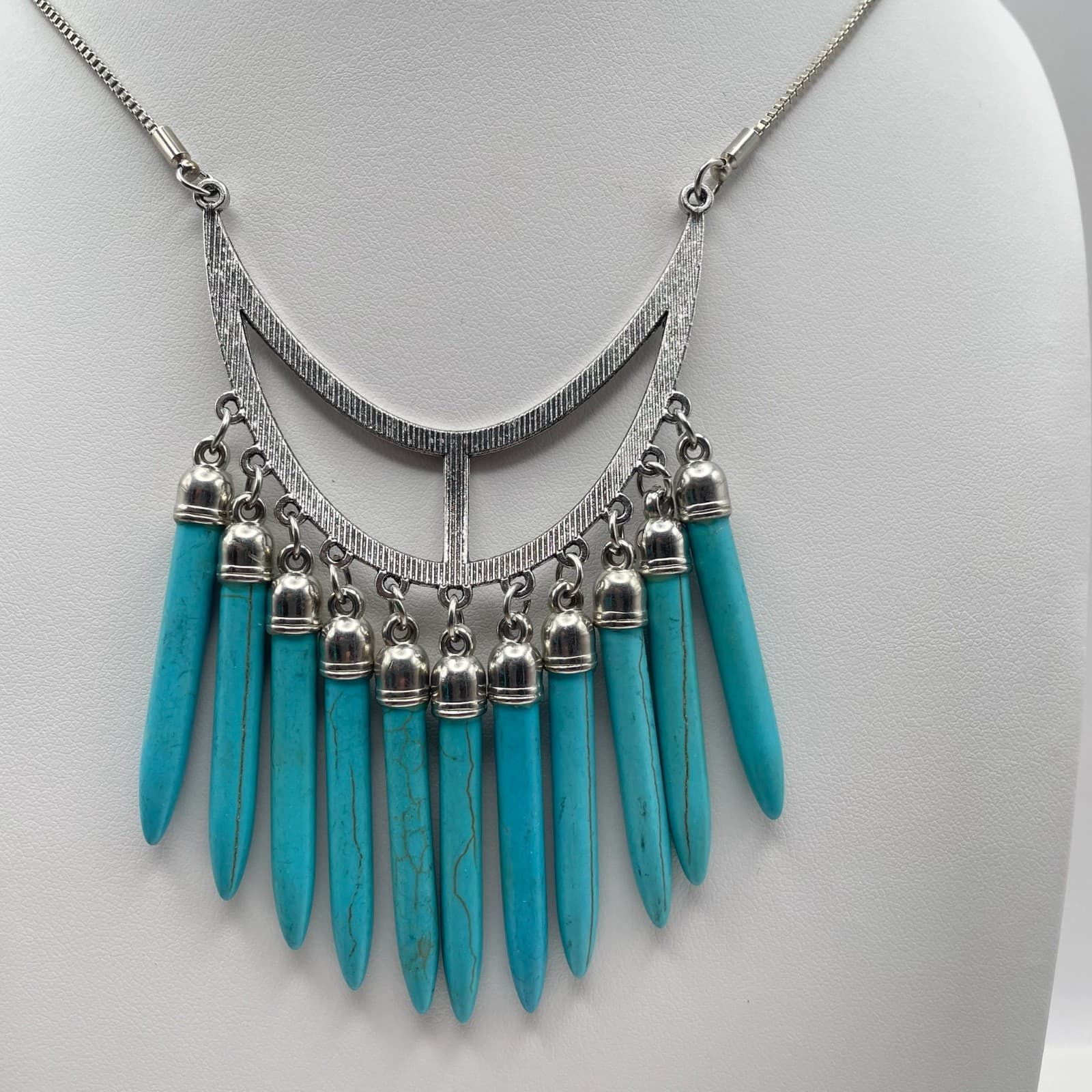Vintage 90s Boho Turquoise Drops Crescent Necklace Silver Tone Spike Jewelry - Thumbnail 2