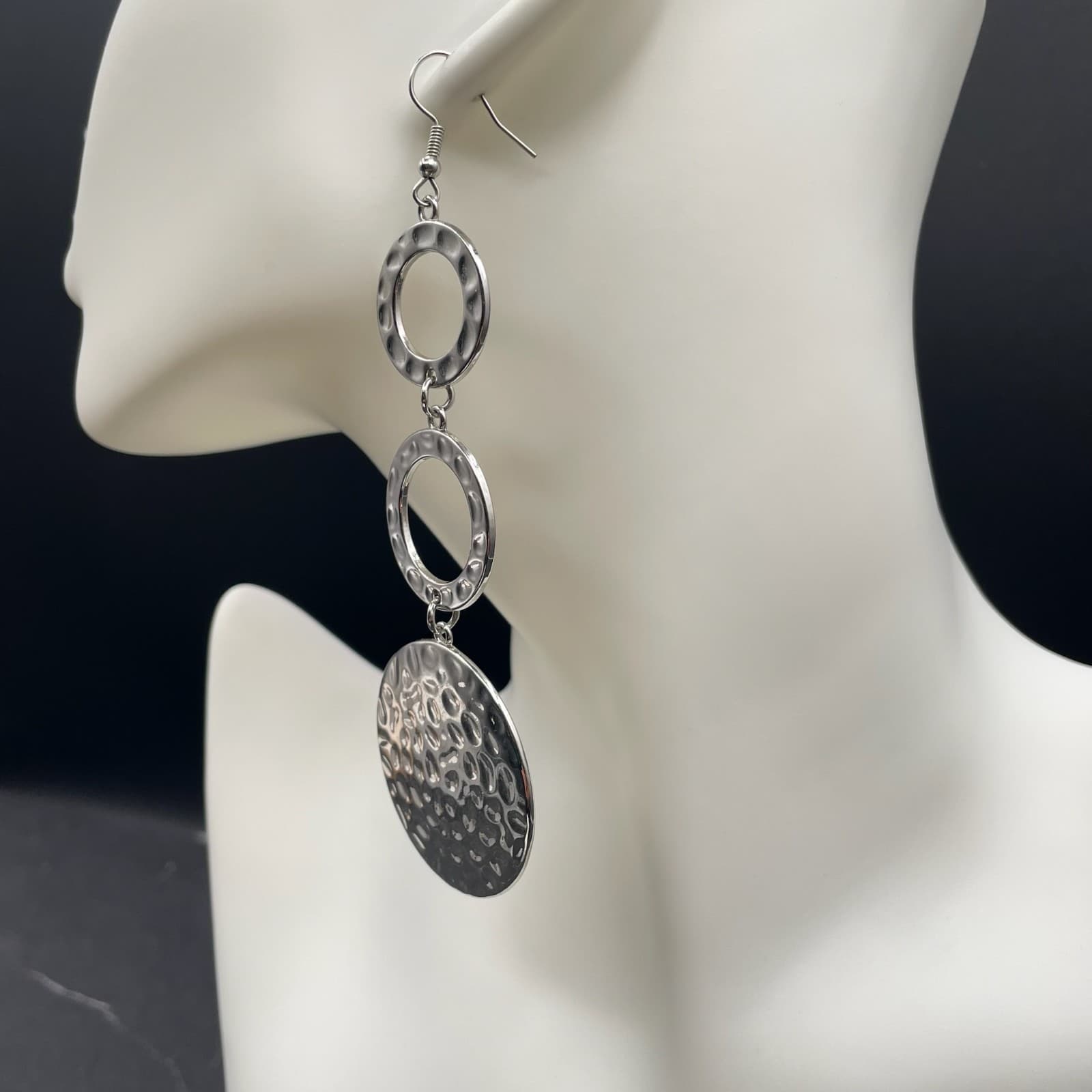 Bohemian Silver-Tone Hammered Triple Blooming Baubles Drop Dangle Earrings - Thumbnail 10