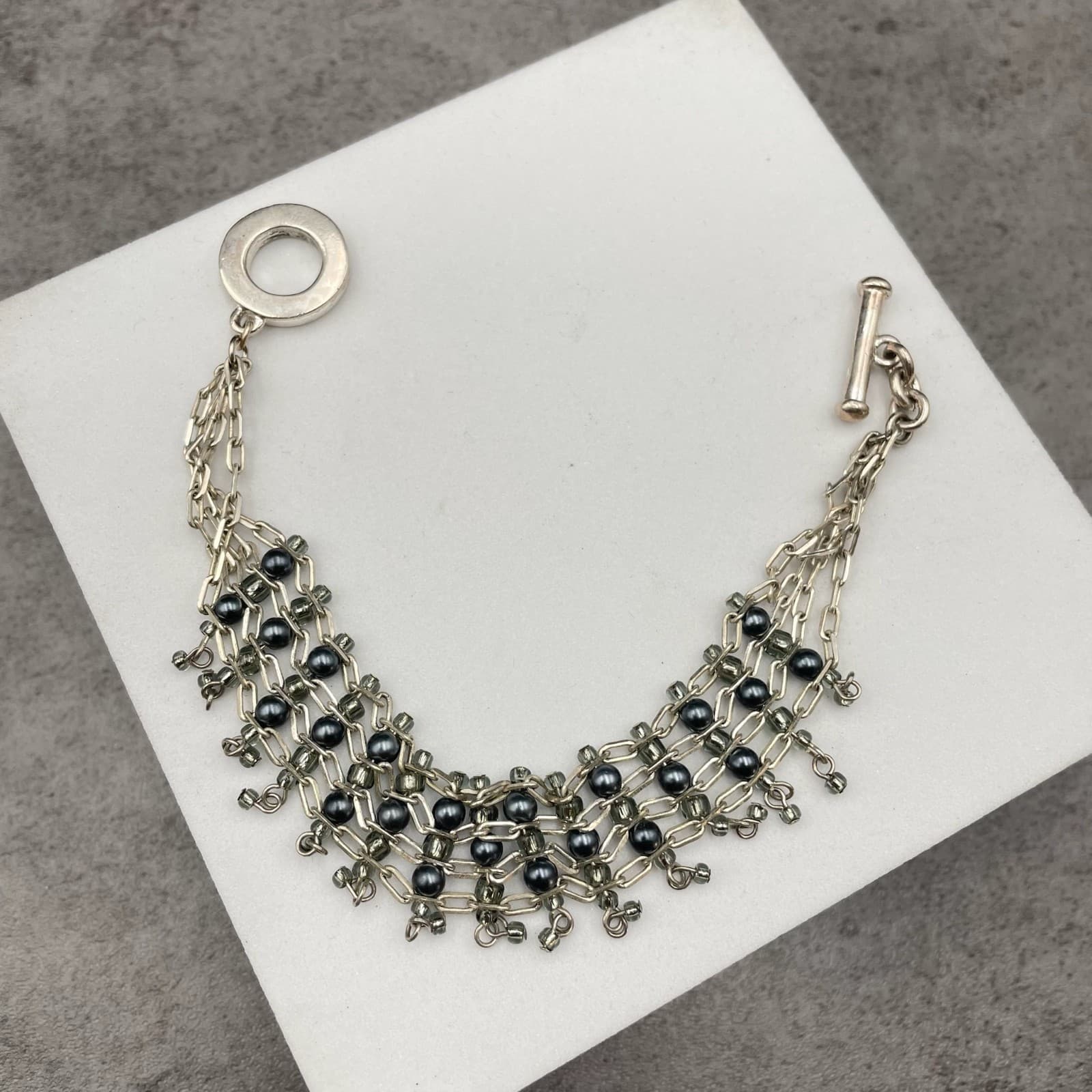 Vintage Carolee Silver-Tone Classic Seed Beads Toggle Multi-Strand Mesh Bracelet - Thumbnail 3